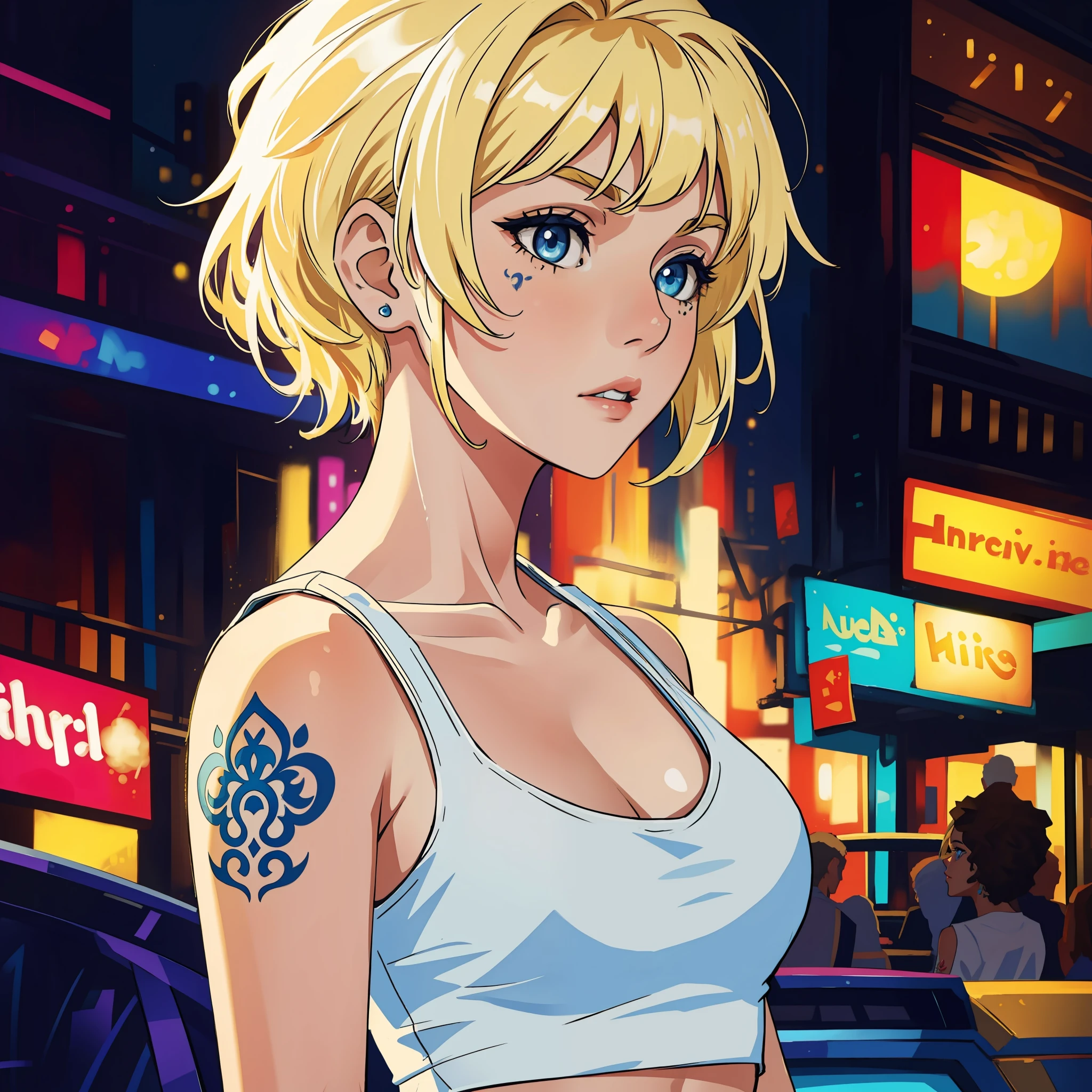 (masterpiece, best quality), intricate details, 8k, artstation, wallpaper, official art, splash art, sharp focus,
1girl, medium hair above shoulders, blue eyes, blonde hair, neck tattoo, short white top, entirely blonde hair, looking to the side.
 Wearing a short white top, nightclub in the background with colorful lights, nightclub in the background, the night