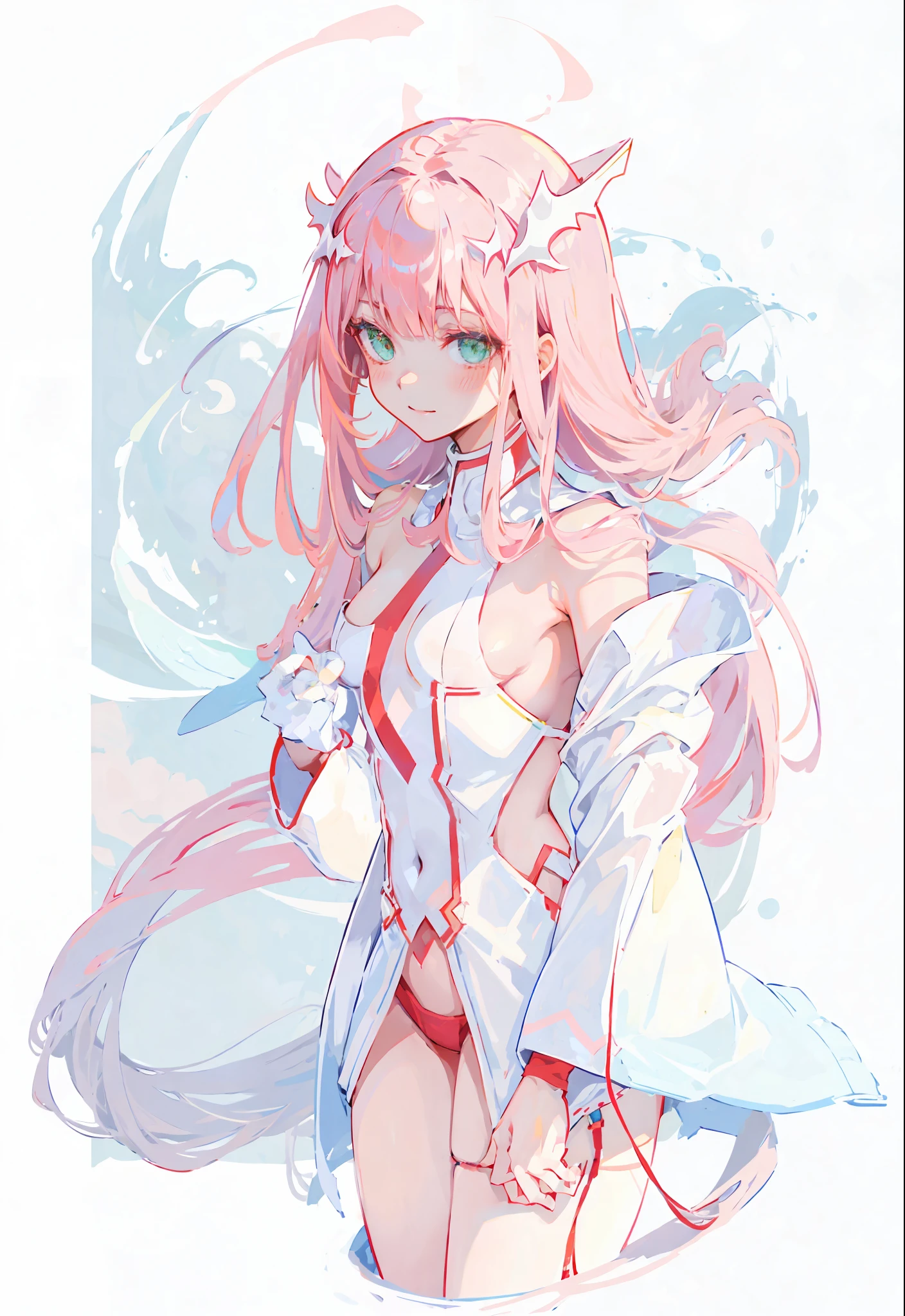 zero two \(darling in franxx\), darling in franxx, 1girl, bangs, bite, blush, navel covered, shadow, green eyes, hair behind head, horns, smile, long hair, looking at the viewer, makeup, small breasts, pilot suit, white suit, pink hair, red eyeshadow, science fiction, tight skin, solo