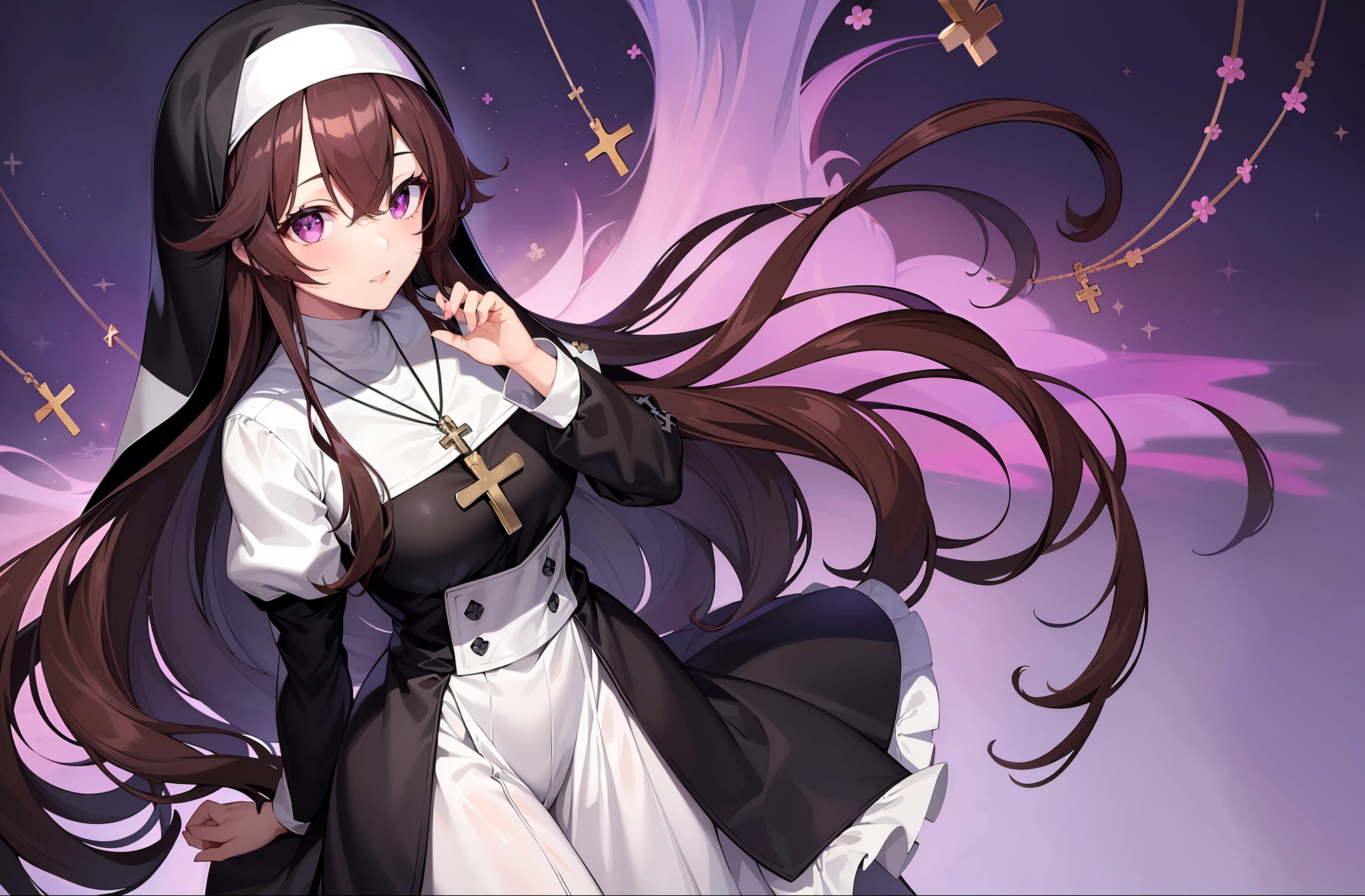 1 girl, Kisaragi from Kancolle, sparkling eyes, beautiful hands, highly detailed hands, straight hands, (masterpiece), best quality, black nun outfit, (((highly detailed cross necklace))), standing, small breasts, purple eyes, shiny brown hair, tall, long hair, straight hair, hair between eyes,