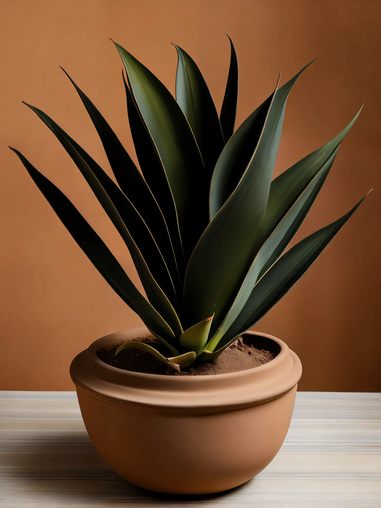 A clay pot with a Sanseveria plant inside