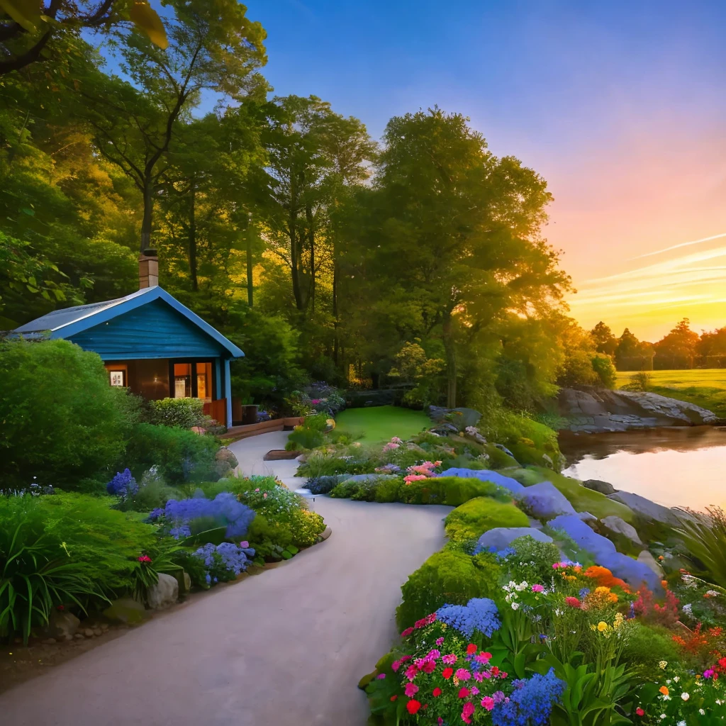 House next to a waterfall, with a path of stones and a field of flowers. A forest nearby. Blue sky at sunset.