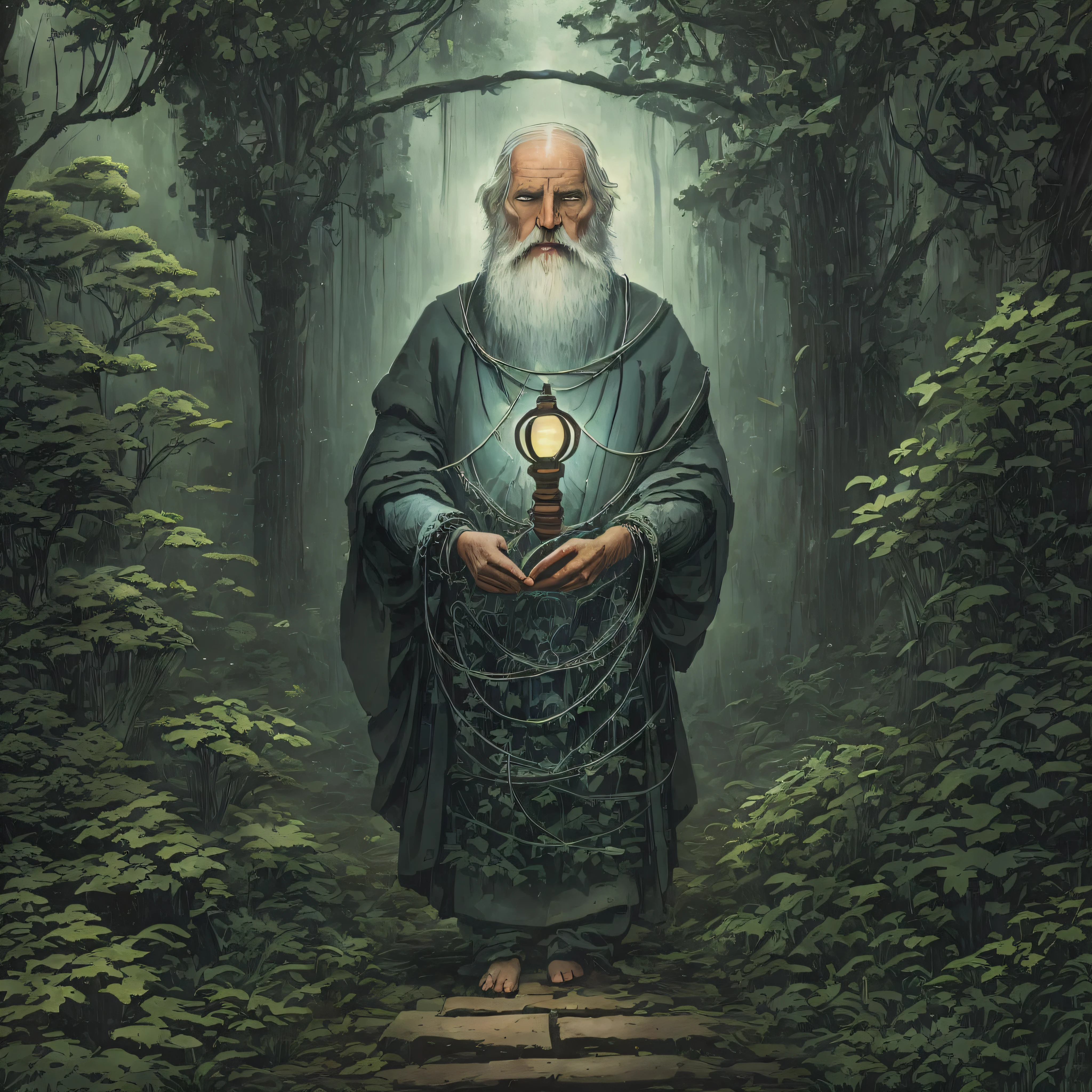 The Hermit card in the Tarot depicts an elderly man with a long beard and gray hair, dressed in simple clothes and holding a lantern in his hand. He is in a contemplative posture, his gaze fixed on the ground as he walks slowly with the aid of a cane. The Hermit is a symbol of wisdom, introspection and spiritual pursuit. Its appearance reflects the years of experience and knowledge accumulated over time. It represents the search for inner truth and the desire to connect with the deepest self. The lantern in his hand symbolizes the light of wisdom he carries with him, illuminating the path of people seeking guidance and understanding. The Hermit walks alone, away from the outside world, in search of answers and meaning. He reminds us of the importance of withdrawing from the noise and hustle and bustle of the world to reflect on our lives and find our own truth. The Hermit's letter encourages us to seek inner wisdom, to ask deep questions, and to find answers within ourselves. It is an invitation to introspection, self-knowledge, and the spiritual journey in search of enlightenment.