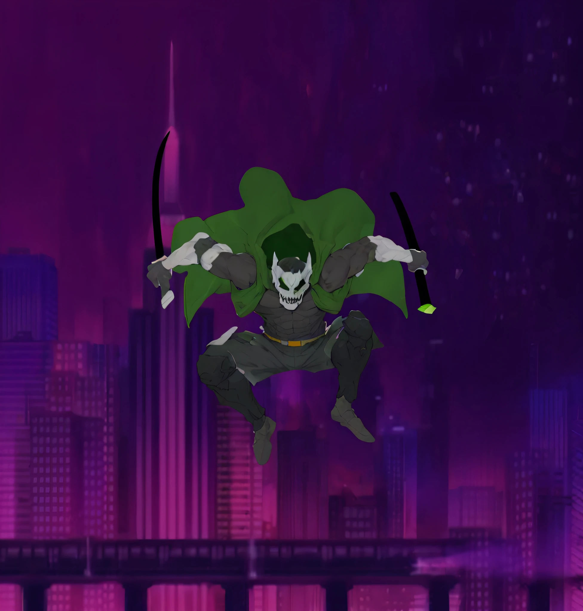 man over a city with a sword in his hand, hero dynamic pose, dark city, green cloak, skull mask, is traversing a gloomy city, green goblin, supervillain, urban samurai,