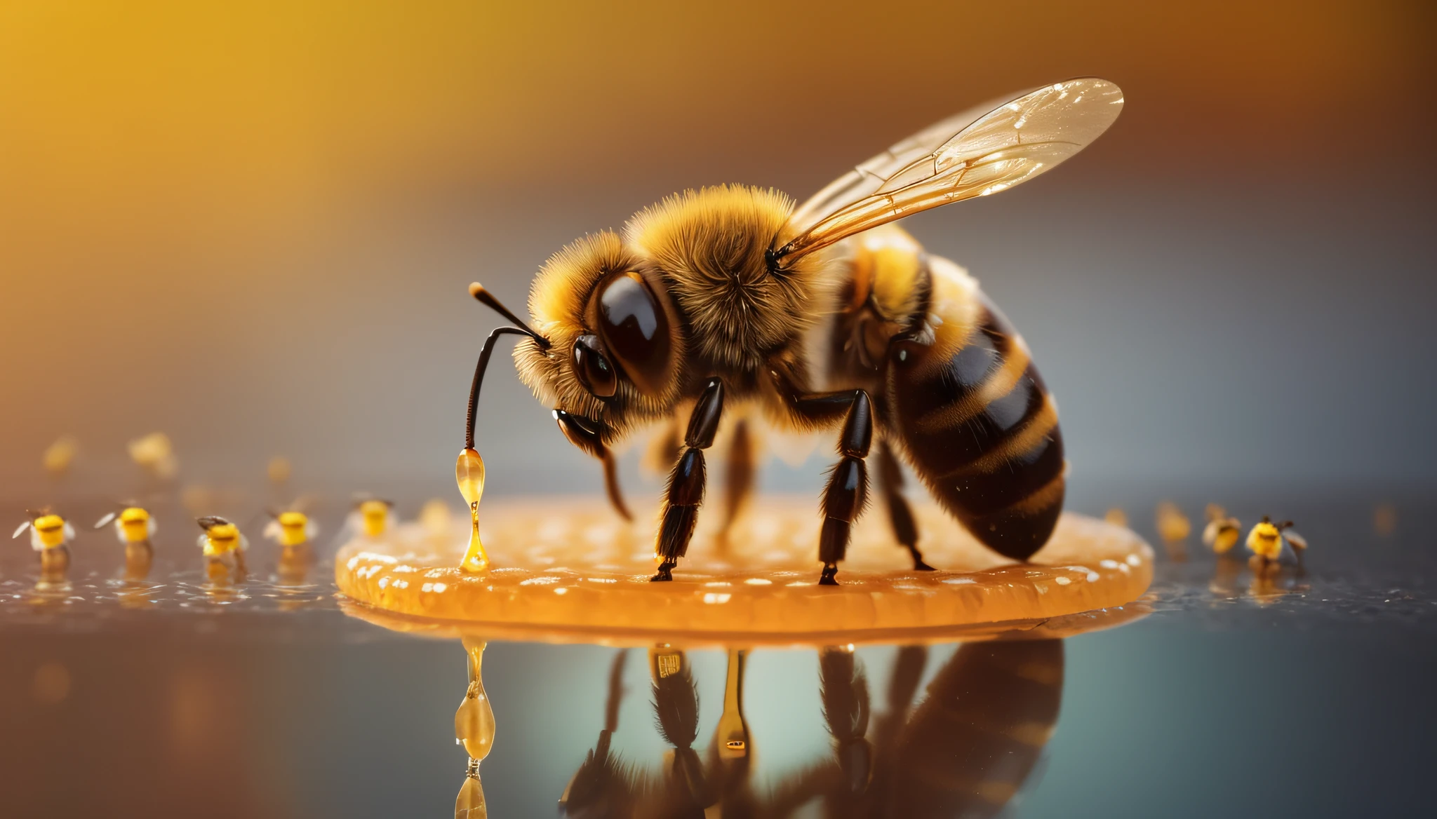 a close up of a bee on a puddle of water, bees, honey dripping, 3 d bee, (bee), beeing happy, closeup painting of bee, made of bees, dripping honey, human structure bee concept art, bees covering whole body, big bee, bumblebee, profile pic, honey and bee hive, bees flying, wearing honey, based on bumblebee