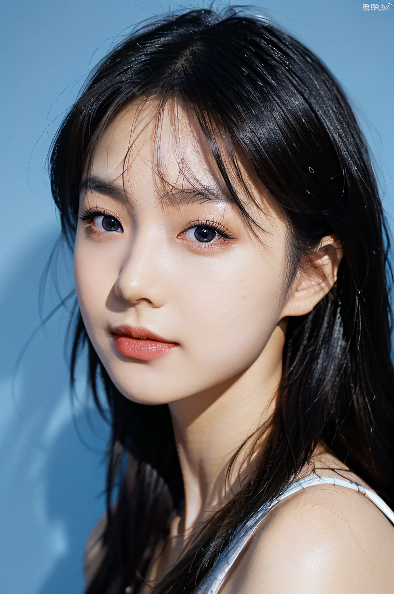 Best Quality, Masterpiece, Ultra High Resolution, (Realistic: 1.4), Original Photo, Official Art, Wallpaper, Bust Photo, Solo, Skin, Black Eyes, Detail, 1 Girl, Beautiful Facial Features, Breeze, Photography, Happy, (Pure blue background), Studio light, Make up Portrait,