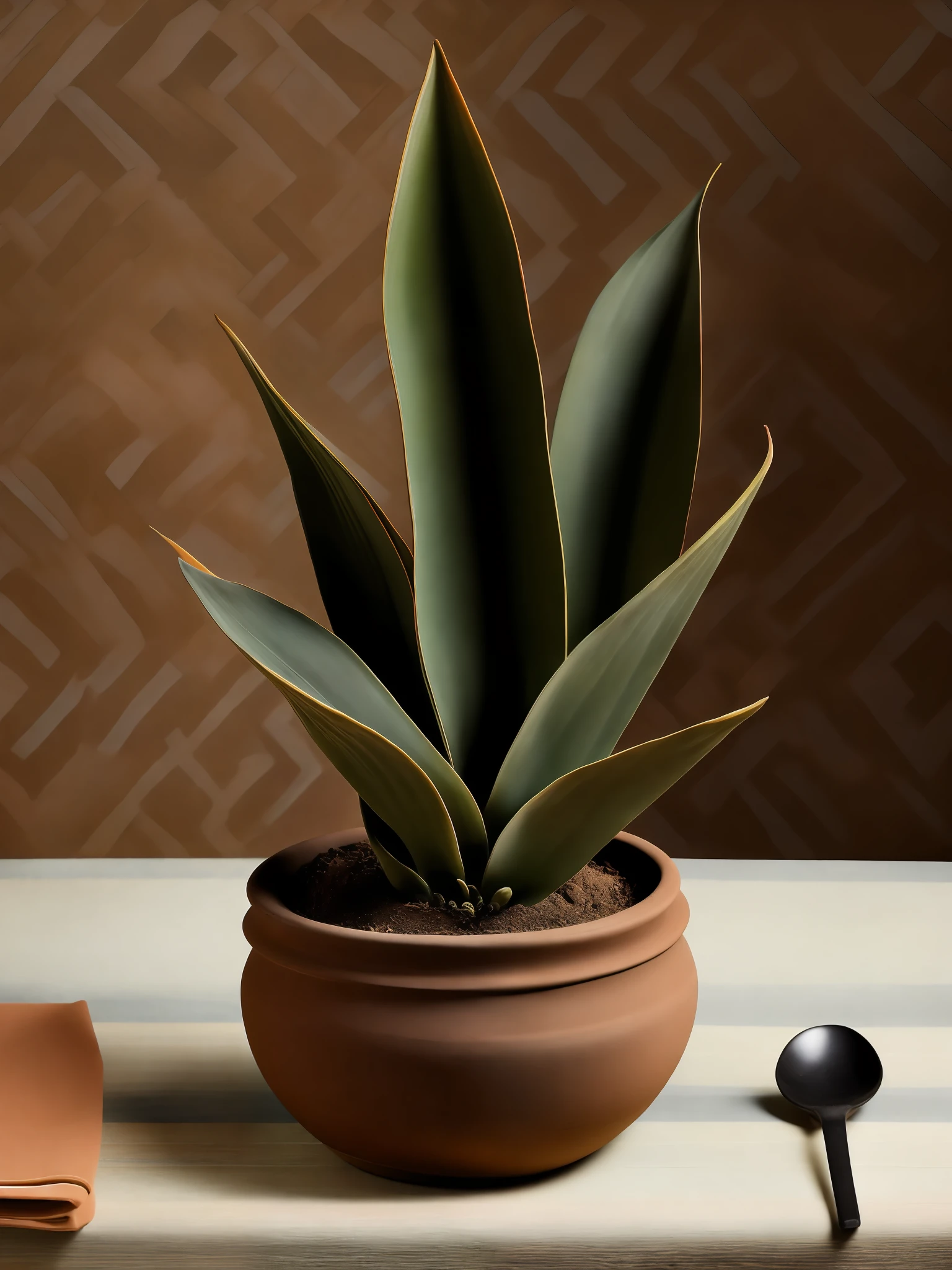 A clay pot with a Sanseveria plant inside