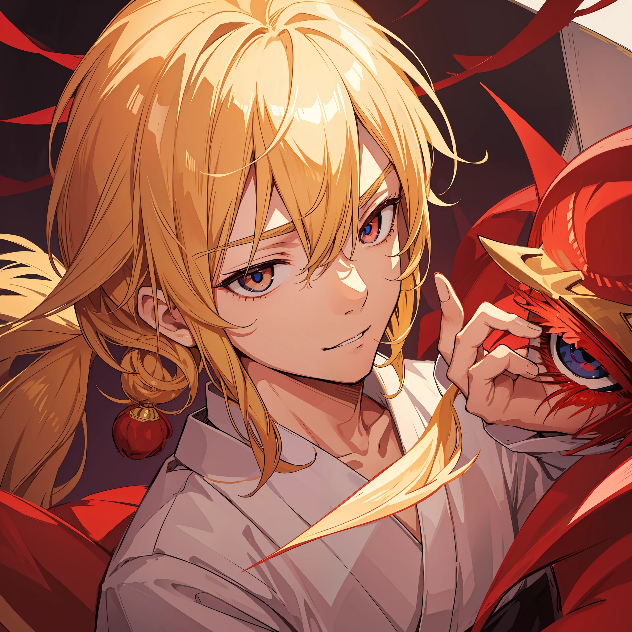 A Japanese man with blonde hair, angelic beauty, and demonic eyes
