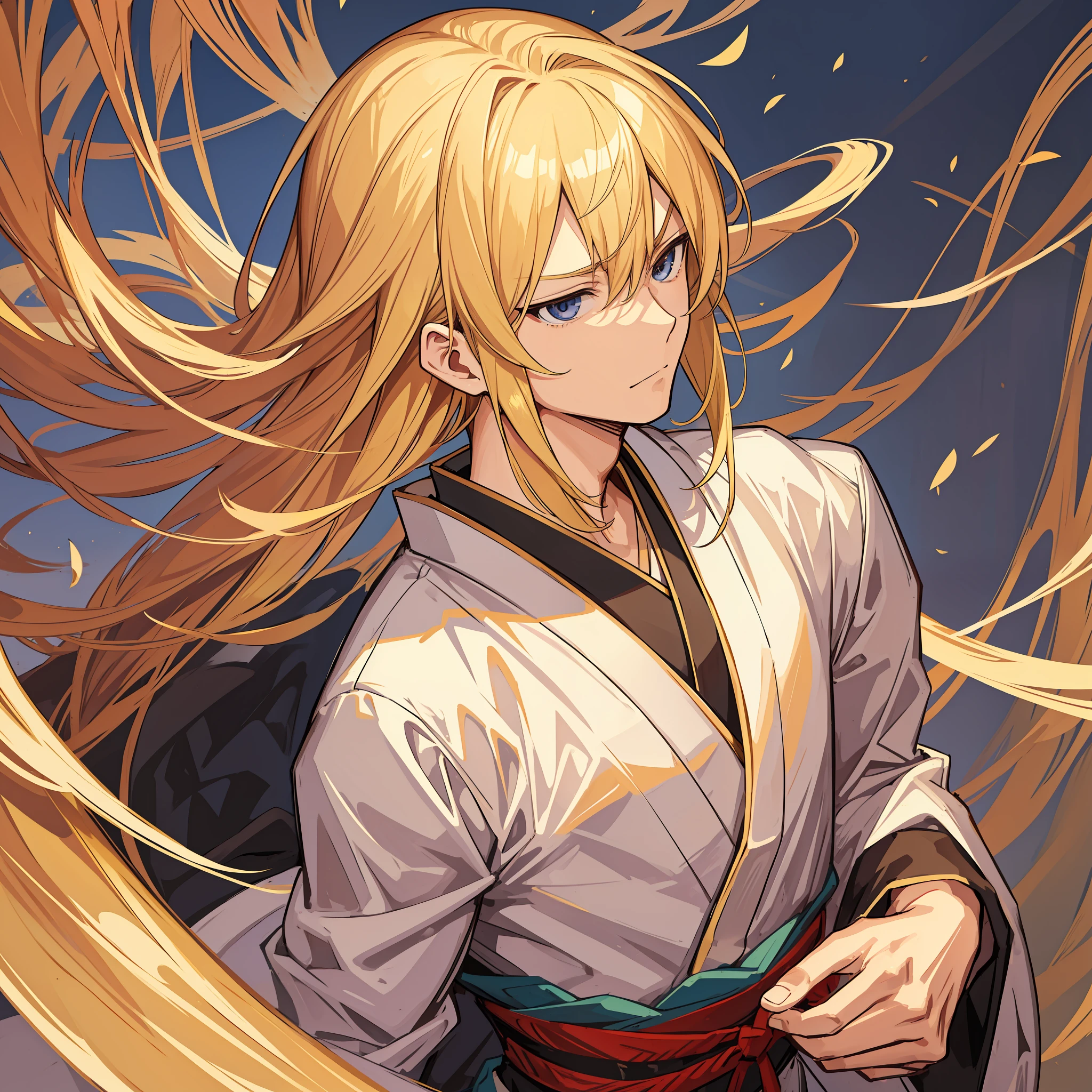 A Japanese man with blonde hair, angelic beauty and a serious face