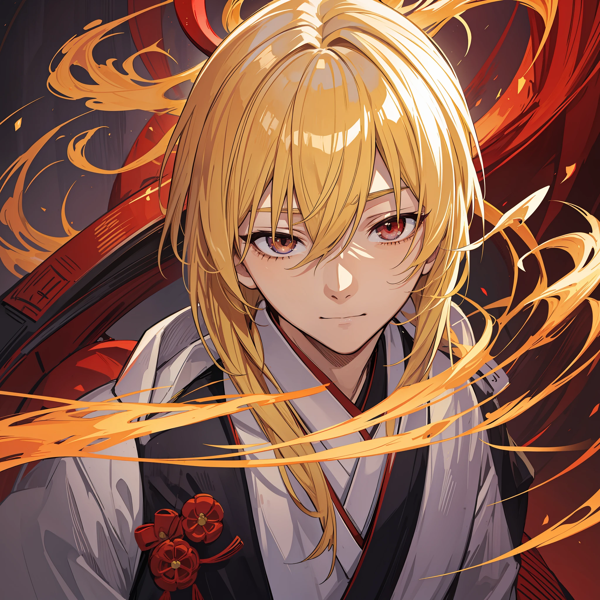 A Japanese man with blonde hair, angelic beauty, and demonic eyes