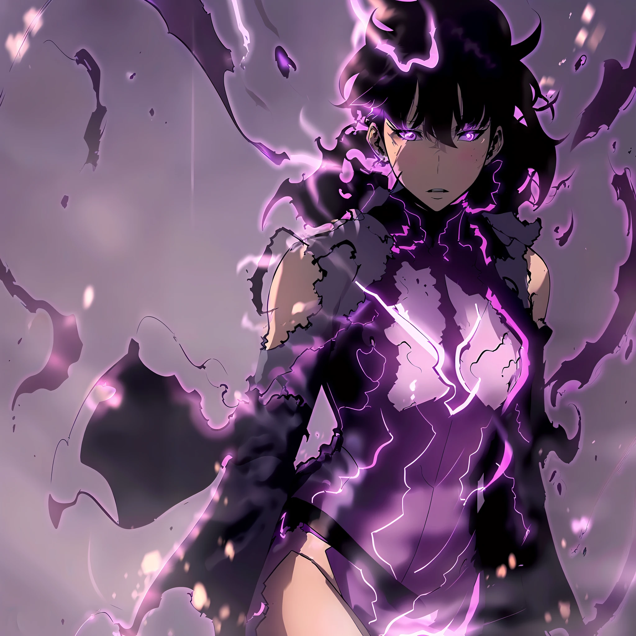 ((1girl)),solo leveling, sung jinwoo girl version,, highres,high quality,realistic, masterpiece,has a purple aura outside his clothes, wearing a black costume, messy black hair girl, angry ,badas, perfect fingers,face to face,close mouth
