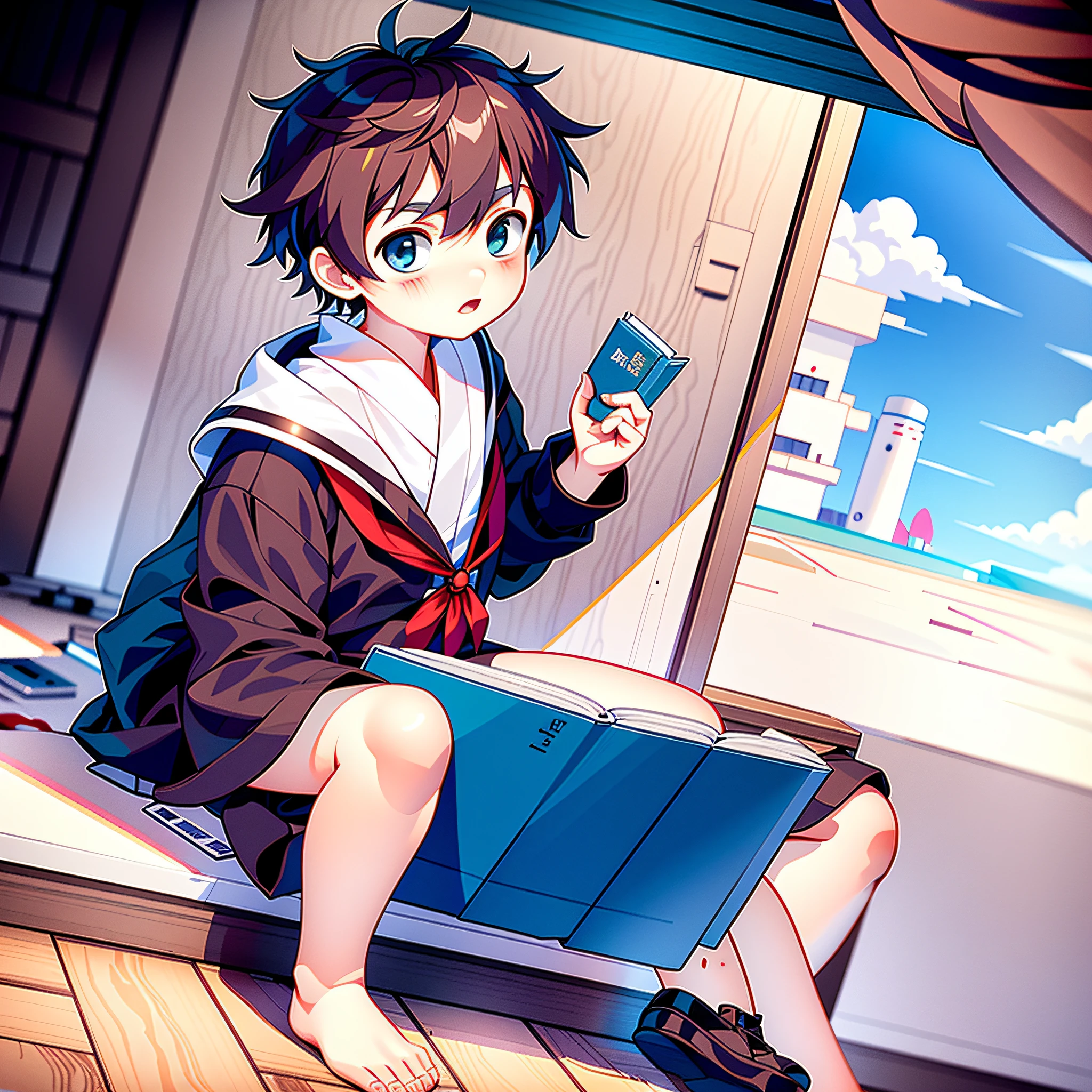 anime teenager sitting on a window sill holding a book, kanji words flying in the air, anime moe artstyle, kantai collection style, by Yuumei, makoto shinkai. digital render, by Kamagurka, official art, full body portrait of a short!, makoto shinkai cyril rolando, at the sea, rin, anime boy, konpeki no kantai