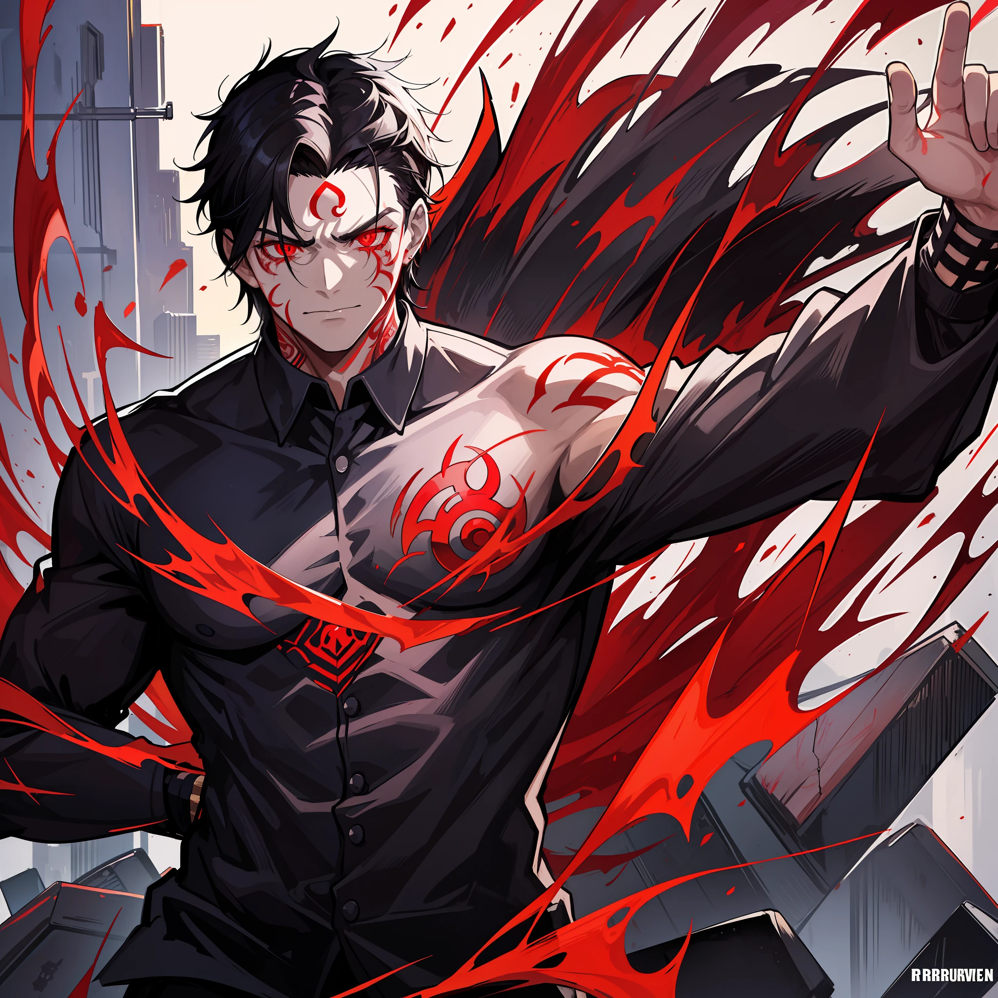 A powerful man with black hair, red tattoos and demonic eyes