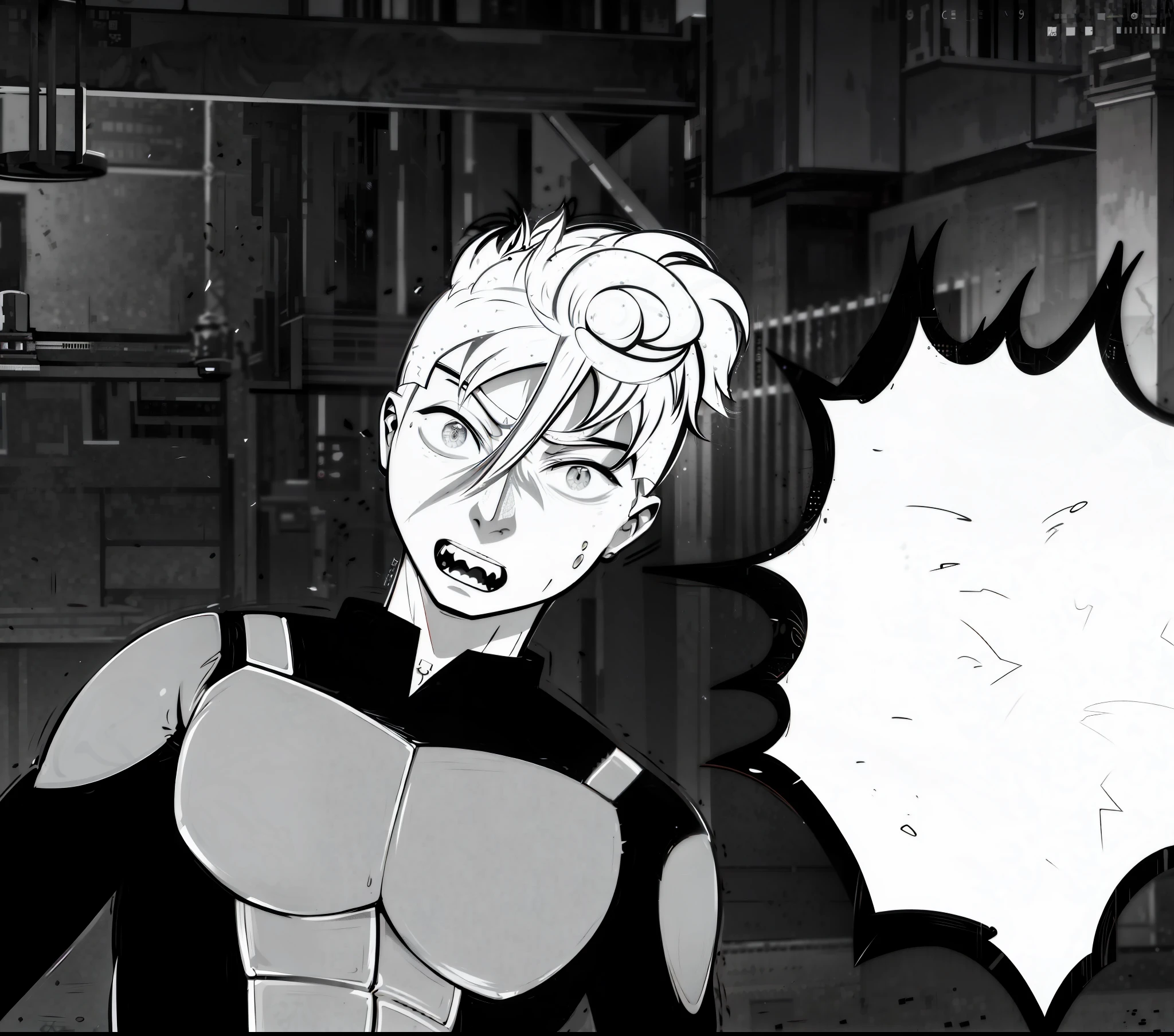 anime character with speech bubble in black and white photo, cell shaded adult animation, genos from one punch man, black and white manga panel, this character has cryokinesis, cutscene footage, mostly greyscale, cutscene, cel - shaded art style, villain pose, video game cutscene, genos, cel shaded anime, animatic, cel shaded!!!