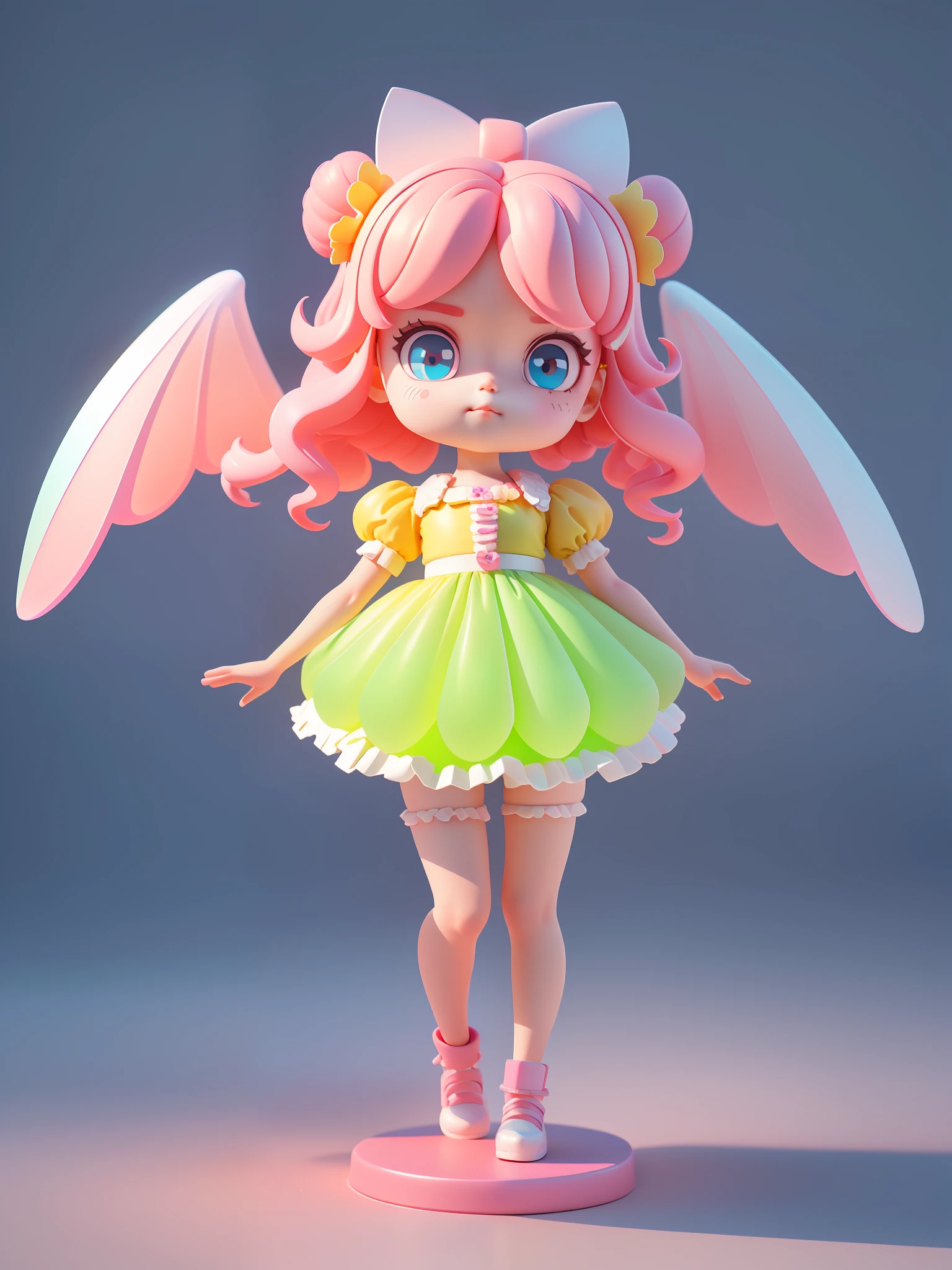 Detailed plastic material, (same character, front, side, back)) best quality, (very detailed model), (best quality), octane rendering, ray tracing, very detailed, 3D toy, exaggerated giant hair, little girl (full body) (3D hair, cute hair accessories, ((kids)), beautiful eyes, cute big eyes, cute face, pink green gradient, drum skirt, cute skirt, chib, fluorescent translucent, colorful, plastic, children, transparent, product design, glowing jelly, Delicate and cute plastic, beautiful light and shadow 3D, digital art, translucent plastic bubblegum, close-up, 3D, super detailed, generate front view, side view, rear view three views, borderless, c4d, Octane rendering, Blender, HD, full body, simple background! Wings on the back