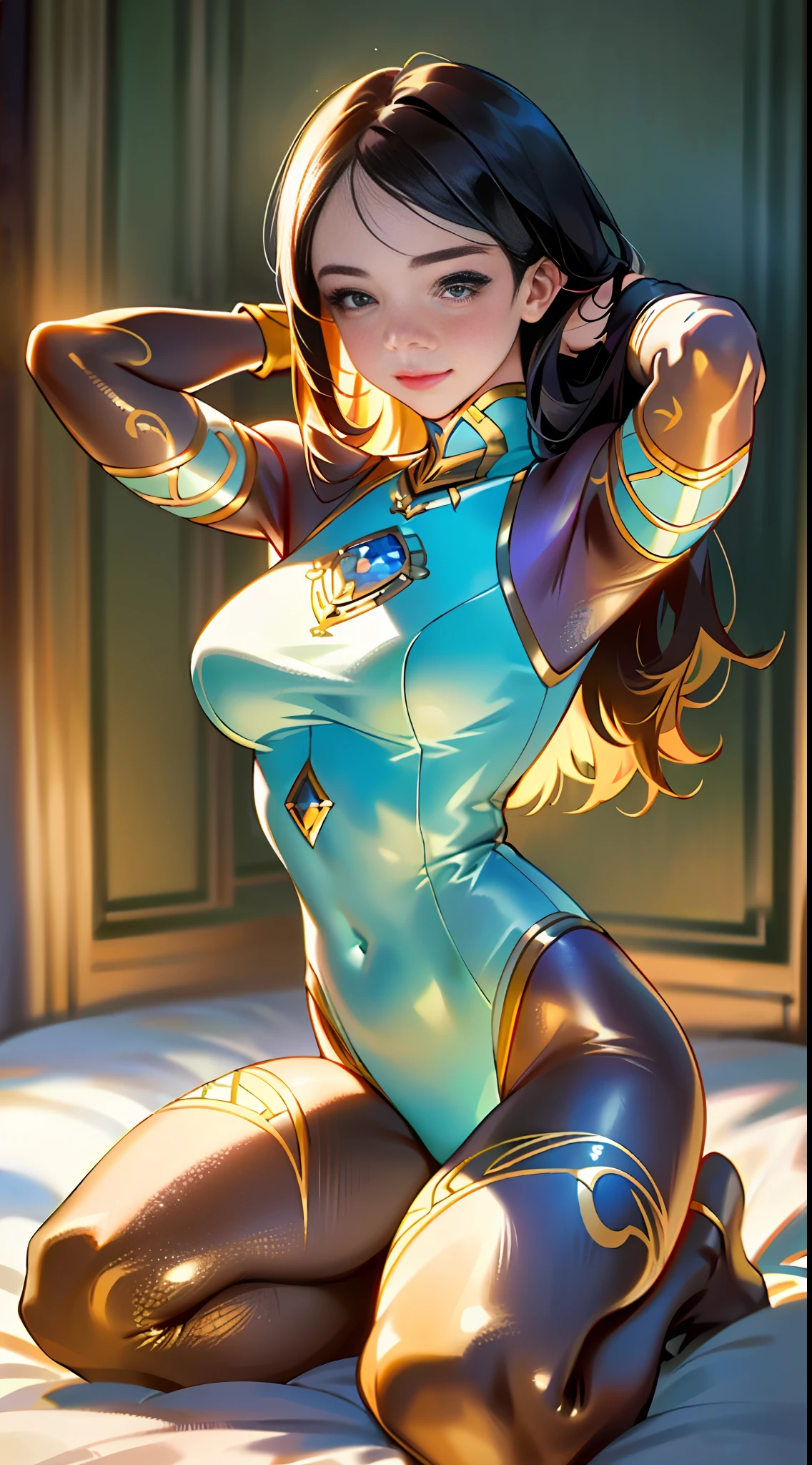 (Realistic:1.3), (Fine Detail), Quality, (Masterpiece:1.2), (Realistic:1.2), (Best Quality), (Detailed Skin:1.3), (Intricate Detail), Ray Tracing, 1 Girl, 21 years old, Irish cute girl, (Hands behind head: 1.3), Full Body Portrait,, Pearlescent yoga pants:1.5, Camel toes: 1.5, (Body painting: 1.1)