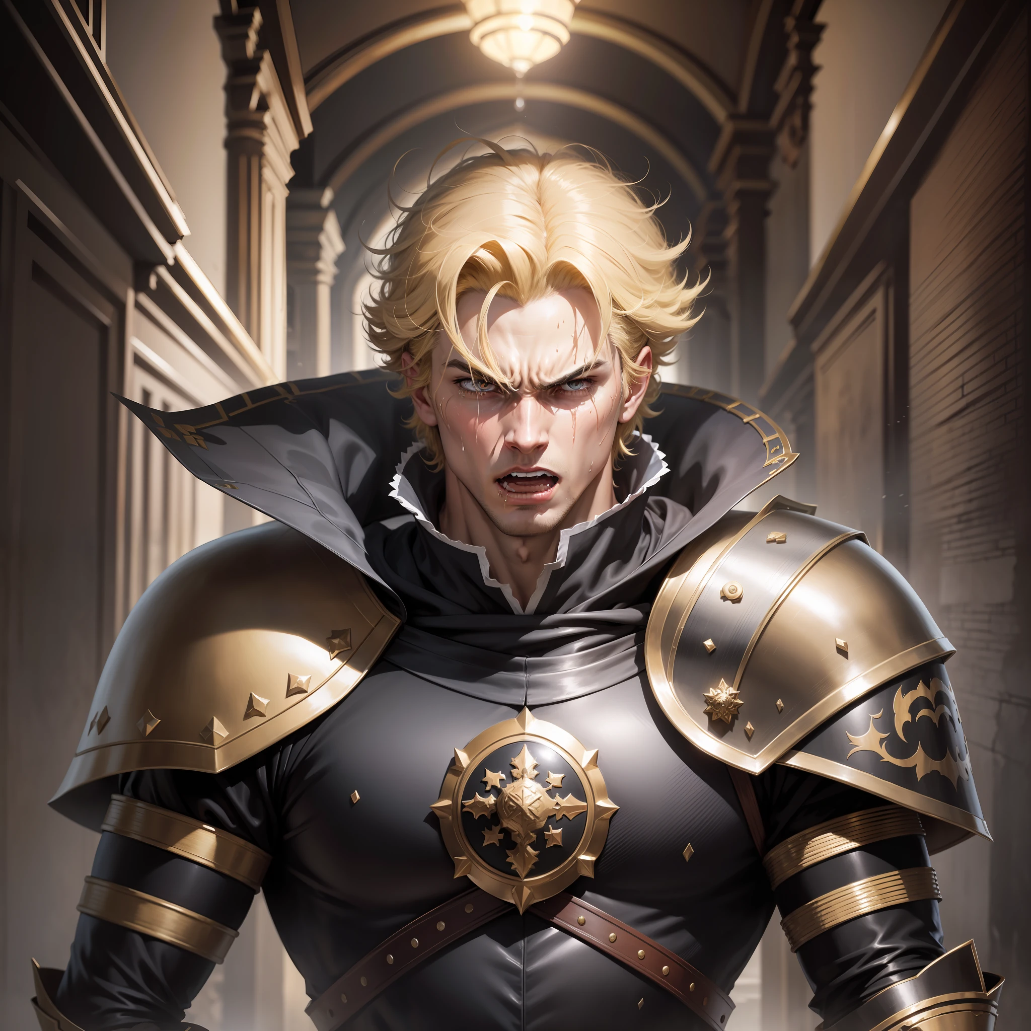 Realistic image of a strong, blond man, short black curly hair, dressed in black cleric's costumes with shoulder pads, anime-character style art, combat posture in a hallway of a royal palace, angry expression, face drenched in sweat