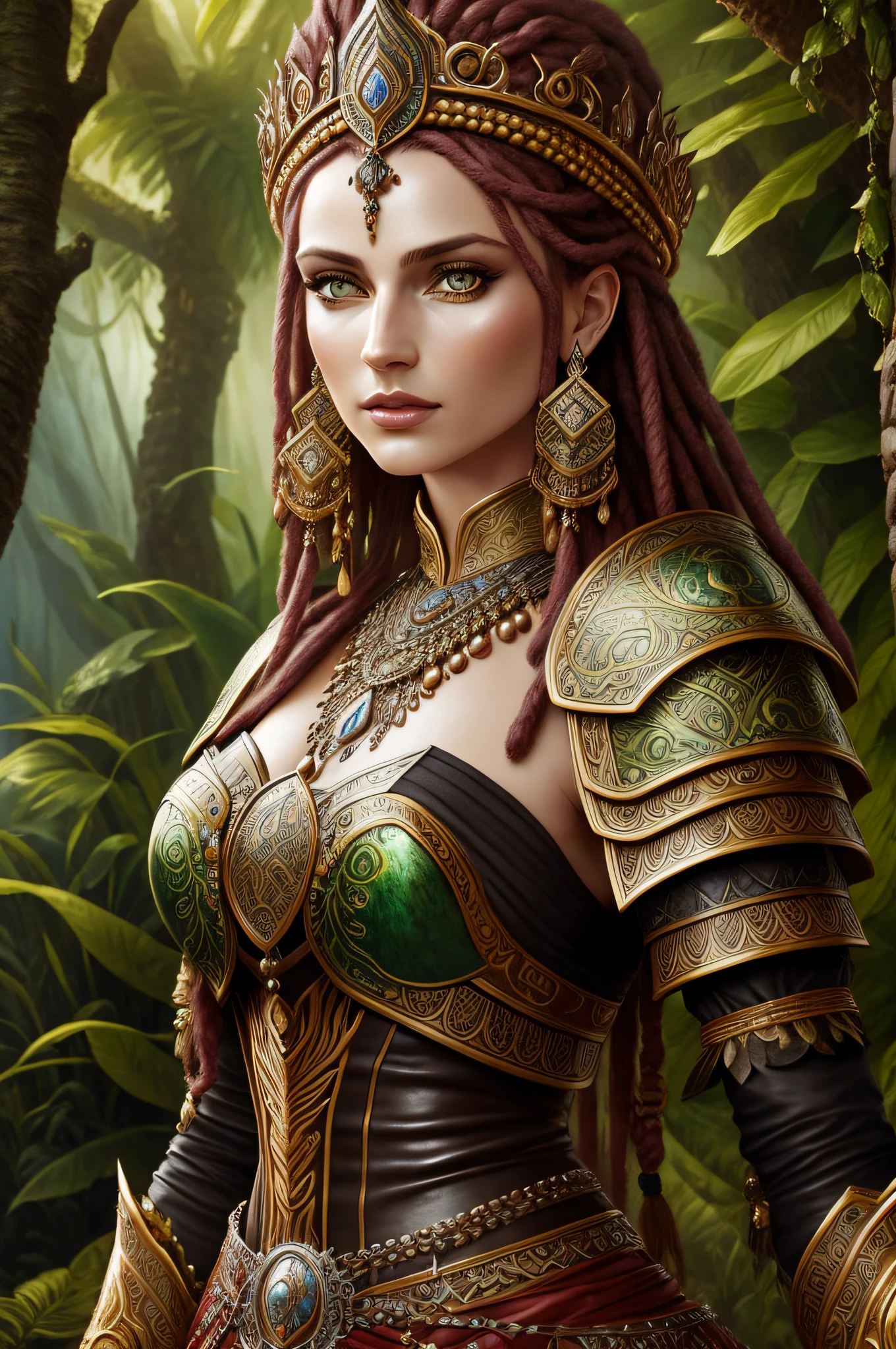 fantasy shaman, beautiful hungarian|indonesian woman, with dreadlocks, wearing ornate intricately decorated leather armor, realistic render, Dungeons and Dragons, Fantasy, octane render, zbrush. Character design, photorealistic, unreal engine, hyper-detailed, concept art, trending on art station. ((best quality)), ((masterpiece)), ((realistic)), (detailed), close up portrait, full body portrait, hazel eyes, wearing leather armor, highly detailed skin and hair, looking at the viewer, Fantasy art, stunning gradient colors, no watermark signature, closed mouth, detailed background, lush jungle, closed mouth, insanely detailed, ((masterpiece)), absurdres, HDR.