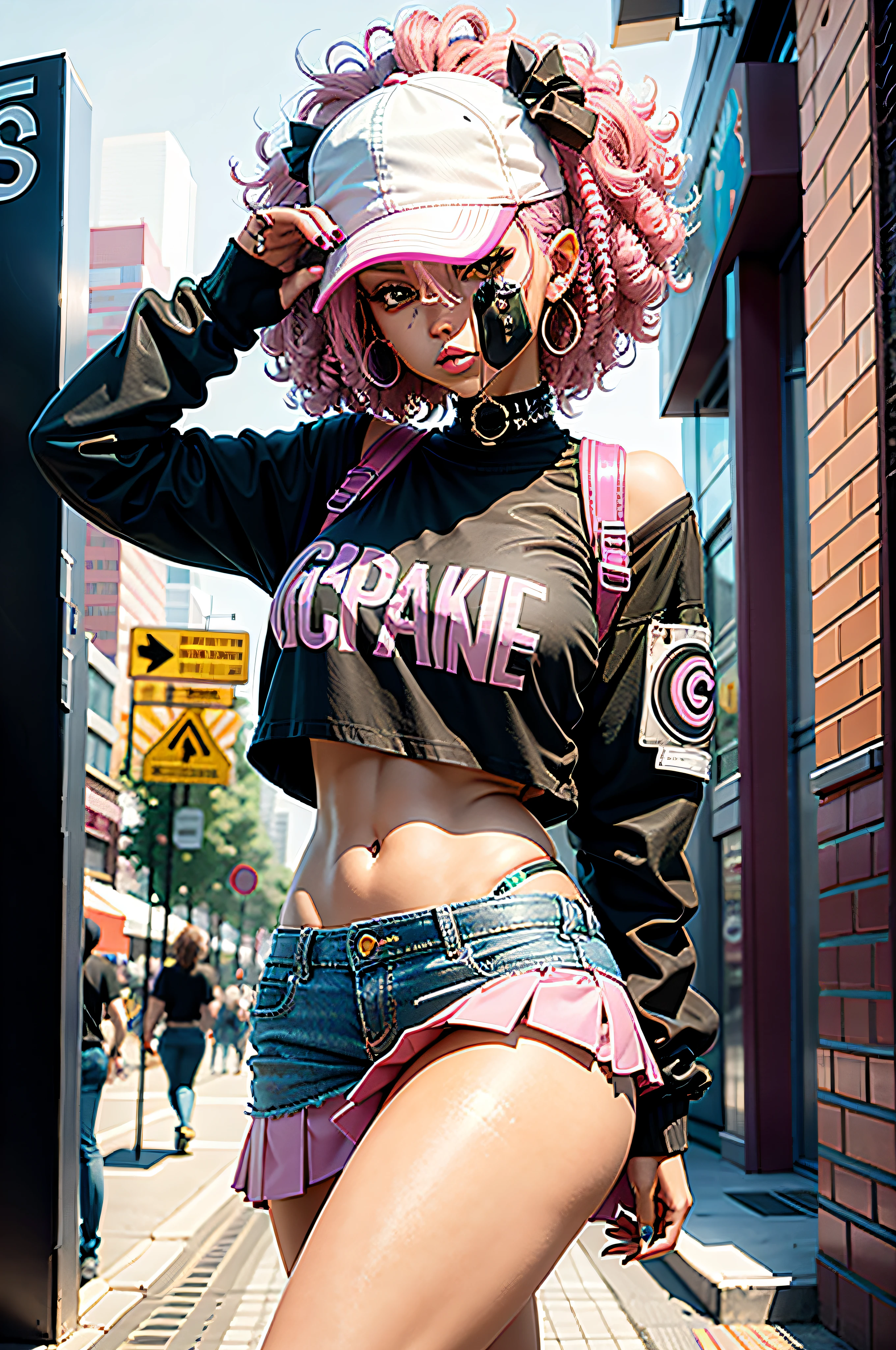 Girl, punk, curly, mixed pink hair, beautiful, sassy, hip skirt