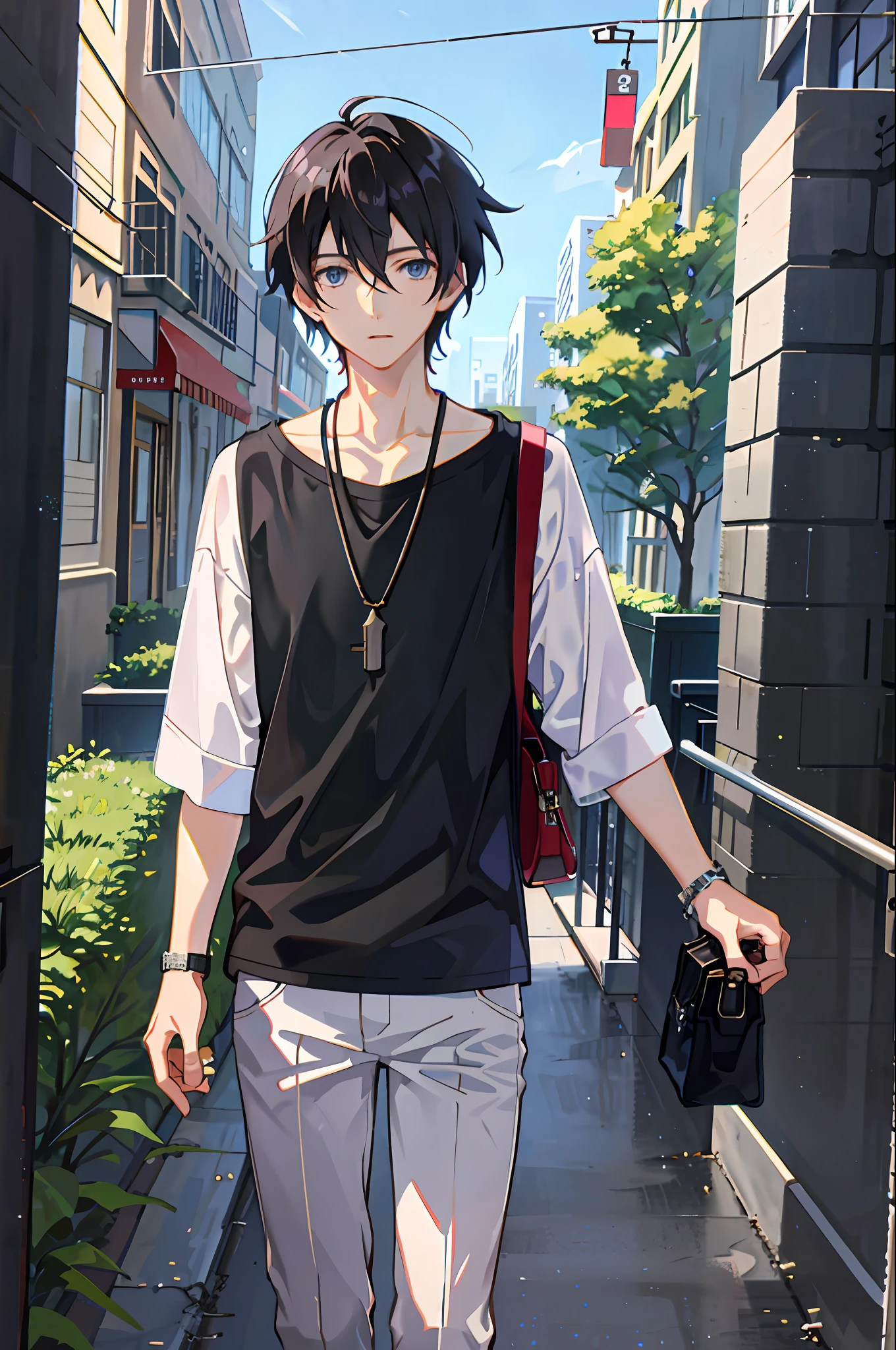 1boy, apple, bag, bangs, berry, black hair, black shirt, blue eyes, hair between eyes, jewelry, leaf, looking at viewer, male focus, necklace, pants, shirt, solo, watch, white pants, wristwatch, messy hair, trending on artstation, 8k resolution, highly detailed, anatomically correct, sharp image, digital painting, concept art, trending on pixiv, style of makoto shinkai,
