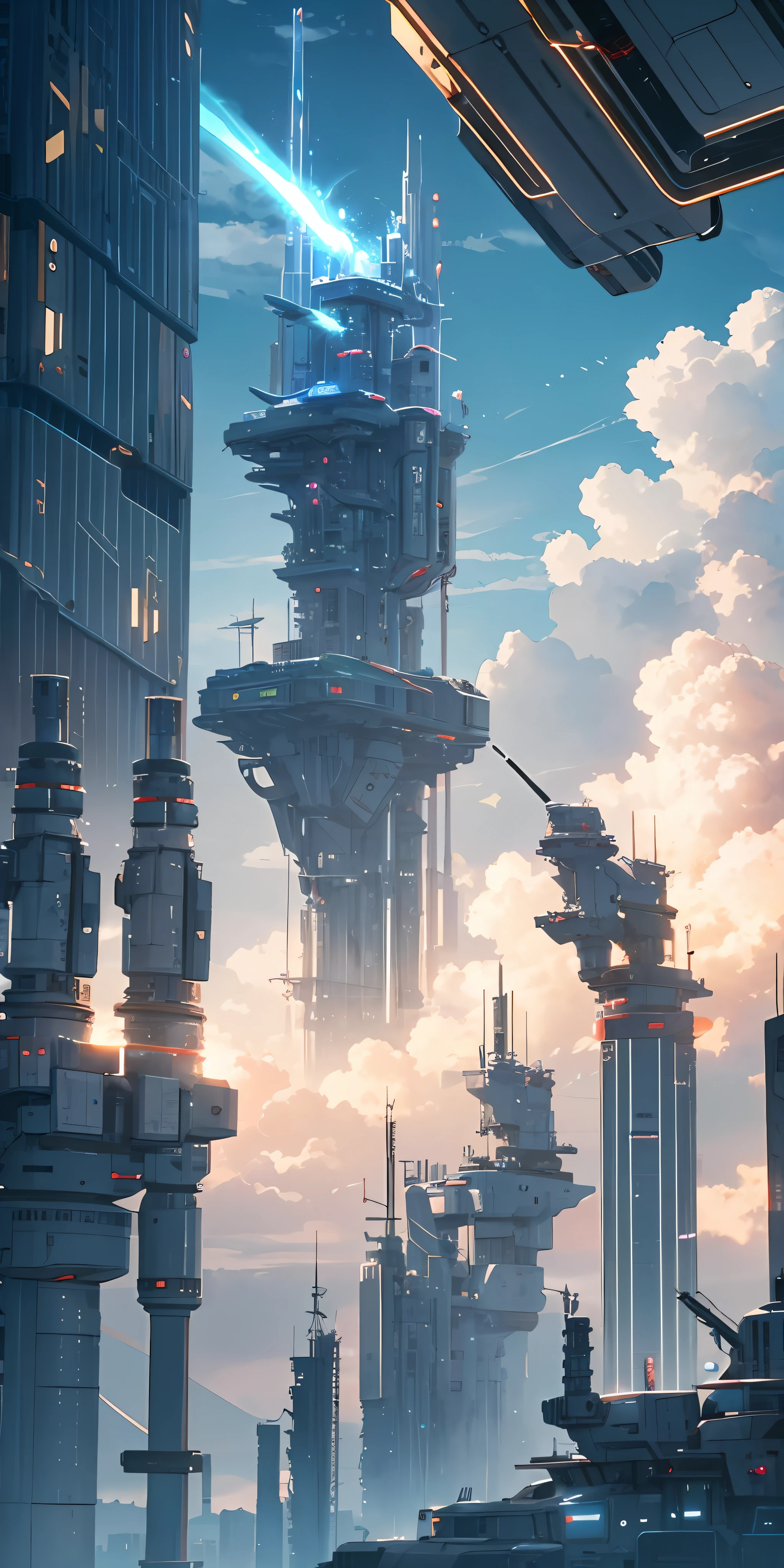 Sky, Clouds, holding_weapon, no_humans, Glow, Robots, Architecture, Science Fiction, Cities, Reality