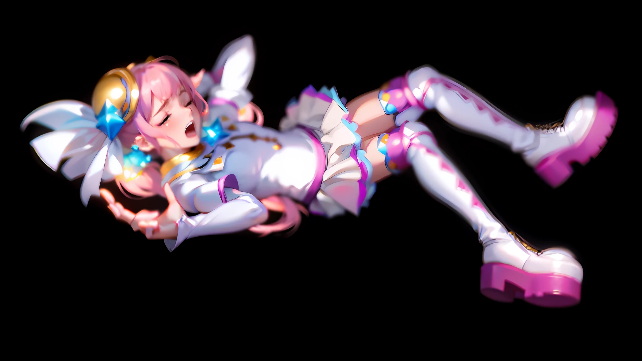 (Lora+QuickHand:1.2),(Masterpiece:1.5),(Best Quality:1.5),8K resolution,(Perfect Hand:1.5), a girl's beautiful expression of screaming and crying with her eyes closed, knocked down, (pink hair: 1.3+ single ponytail), (white blouse: 1.2), (pink pleated skirt: 1.2), (pink over-the-knee socks: 1.2), (beautiful headgear), (white boots: 1.2), (no background: 1.5), (slender legs: 1.2))"