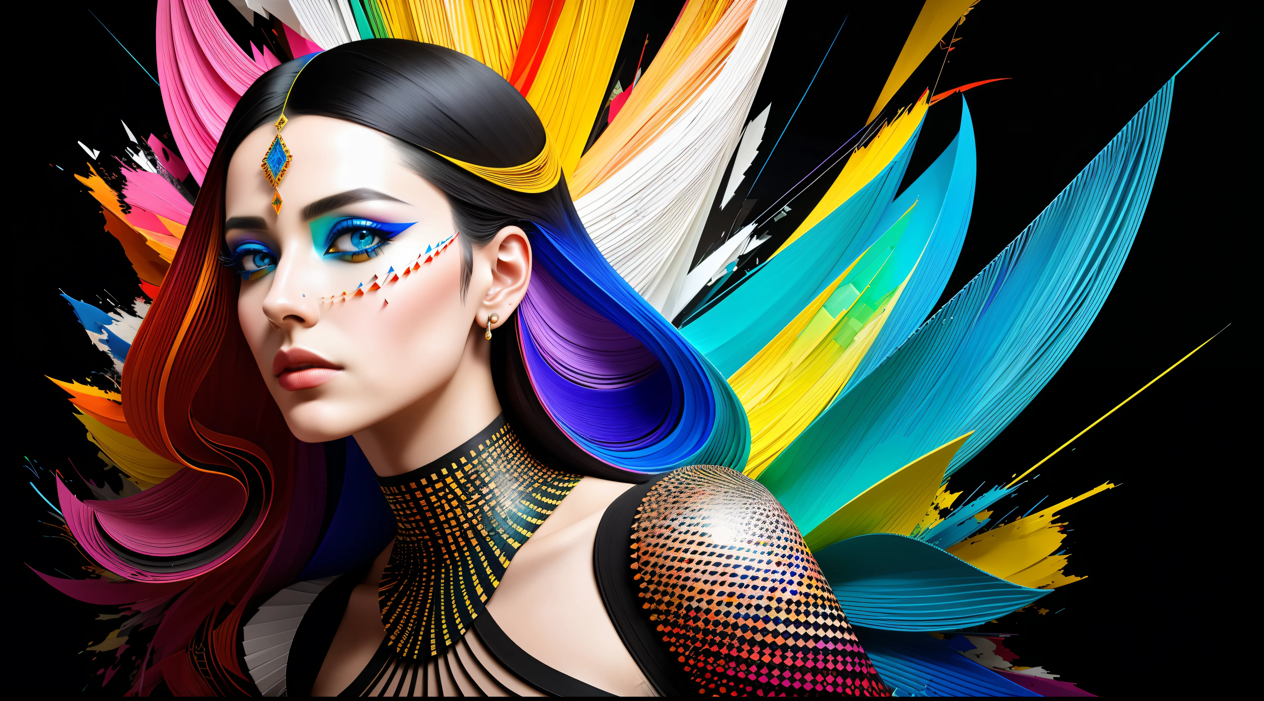 ultra detailed artistic abstract photography of Geometrical Woman, 32k trendy abstract poster of a beautiful woman, hair made of 3D paper quilling design, abstract paper quilling, detailed symmetric hazel eyes with circular iris, shattered paper fragments, natural body posture,  by artist russ mills, art by alberto seveso, by Carne Griffiths, by Wadim Kashin, symmetrical, abstract artstyle, intricate complex watercolor painting, sharp eyes, digital painting, color explosion, concept art, voluminetric lighting, TanvirTamim, 3D octane render, 8k. by artgerm, trending on artstation, cinematic 4d, Epic cinematic brilliant stunning intricate meticulously detailed dramatic atmospheric maximalist digital matte painting, realistic, complementary colors