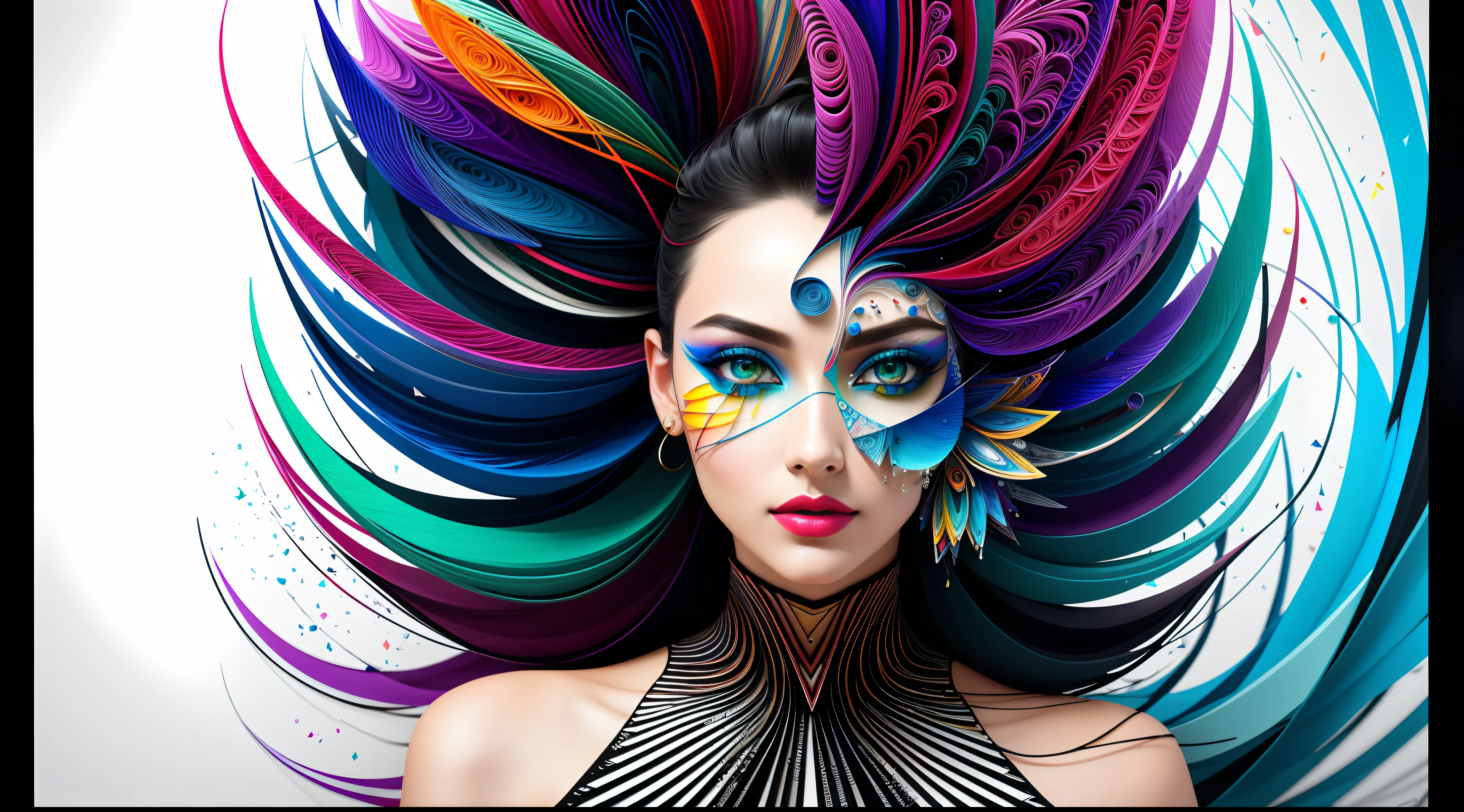 ultra detailed artistic abstract photography of Geometrical Woman, 32k trendy abstract poster of a beautiful woman, hair made of 3D paper quilling design, abstract paper quilling, detailed symmetric hazel eyes with circular iris, shattered paper fragments, natural body posture, by artist russ mills, art by alberto seveso, by Carne Griffiths, by Wadim Kashin, symmetrical, abstract artstyle, intricate complex watercolor painting, sharp eyes, digital painting, color explosion, concept art, voluminetric lighting, TanvirTamim, 3D octane render, 8k. by artgerm, trending on artstation, cinematic 4d, Epic cinematic brilliant stunning intricate meticulously detailed dramatic atmospheric maximalist digital matte painting, realistic, complementary colors