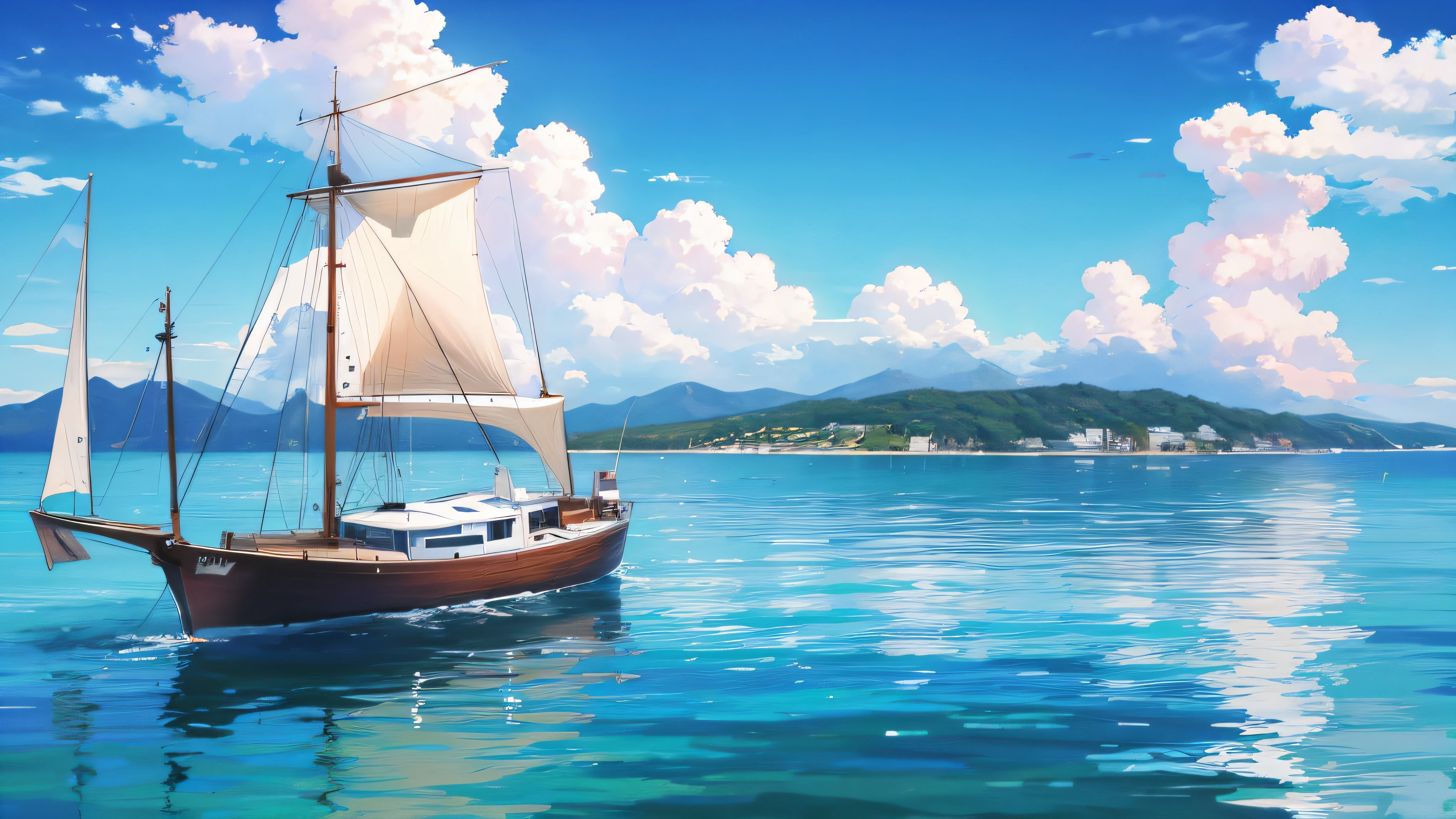 A boat floats on the sea with blue sky and white clouds, reflecting on the water