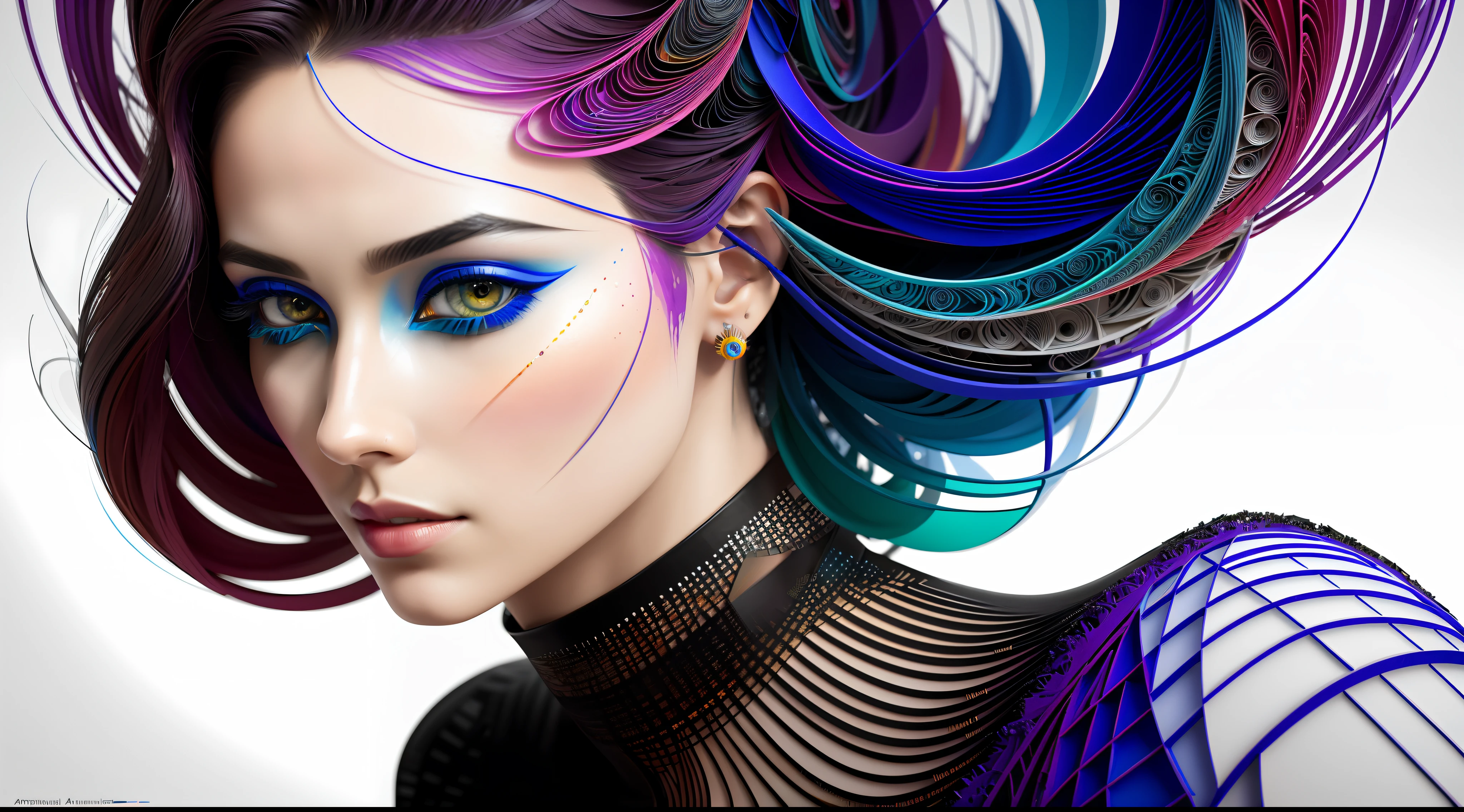 ultra detailed artistic abstract photography of Geometrical Woman, 32k trendy abstract poster of a beautiful woman, hair made of 3D paper quilling design, abstract paper quilling, detailed symmetric hazel eyes with circular iris, shattered paper fragments, natural body posture,  by artist russ mills, art by alberto seveso, by Carne Griffiths, by Wadim Kashin, symmetrical, abstract artstyle, intricate complex watercolor painting, sharp eyes, digital painting, color explosion, concept art, voluminetric lighting, TanvirTamim, 3D octane render, 8k. by artgerm, trending on artstation, cinematic 4d, Epic cinematic brilliant stunning intricate meticulously detailed dramatic atmospheric maximalist digital matte painting, realistic, complementary colors