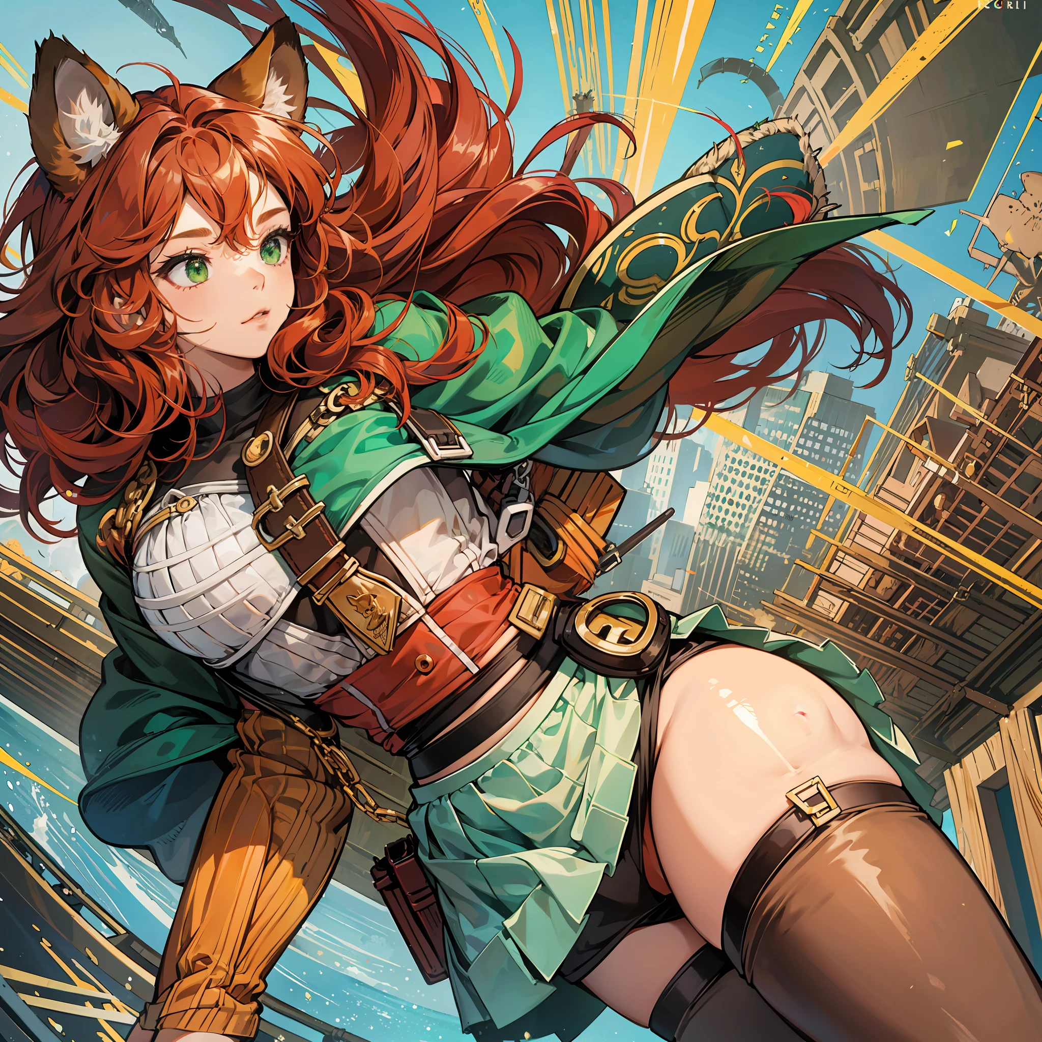 age girl, brown skin, lion ears, red hair, abundant hair, small chest, wide hips, skirt, crop top, high stockings, green eyes, furry, American comic, cartoon, comic. --auto --s2