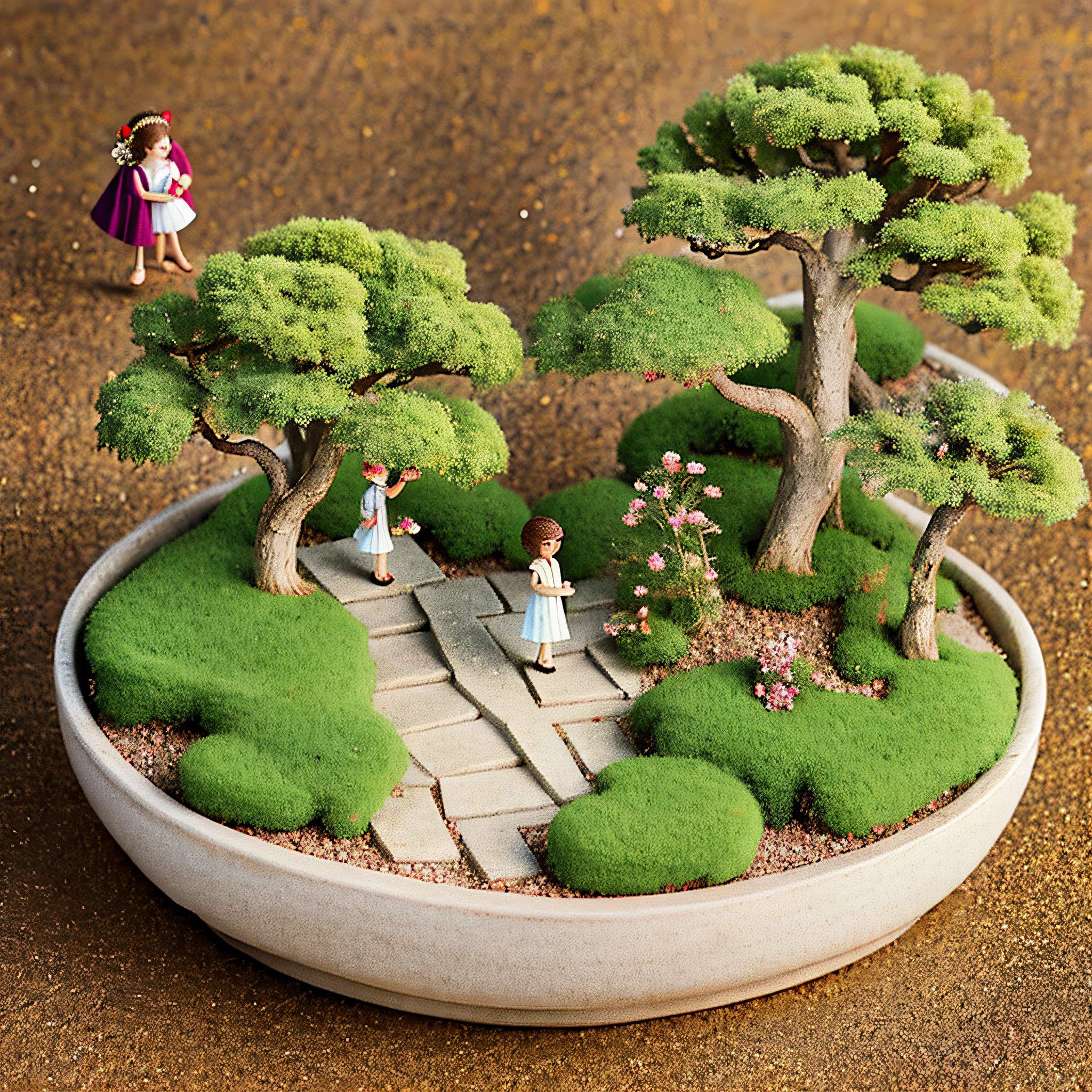 Miniature bonsai landscape with dolls above --auto --s2