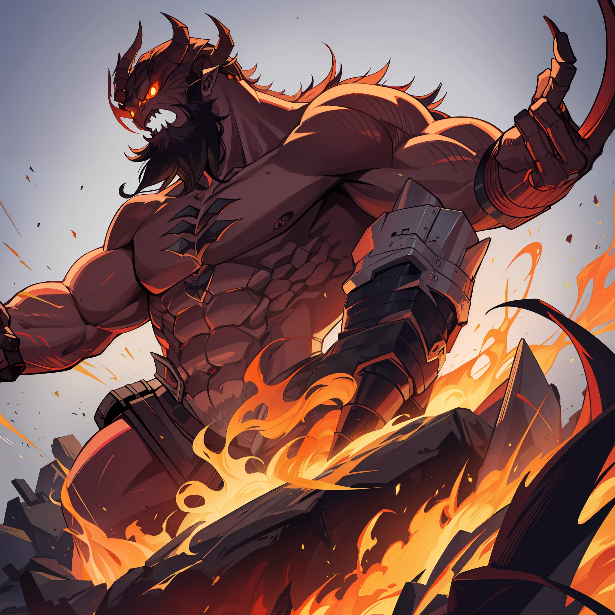 Chimera man with carapaces on his body, demonic eyes and beard, besides having dark colors