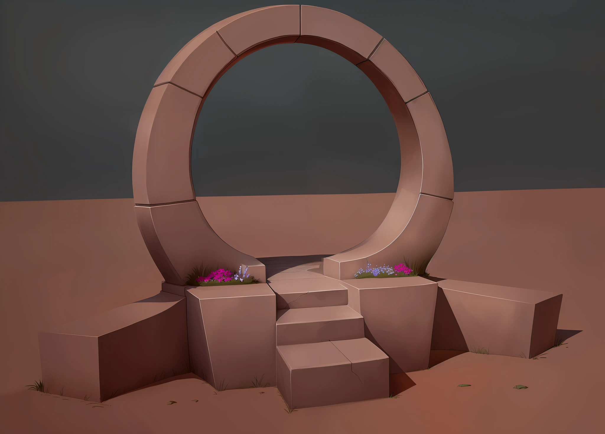 A beautiful arch of gray stone stands on green grass, its lower part is flower beds in which lush greenery and flowers grow. The sky is blue, the sun is shining. Drawing in casual style. --auto --s2