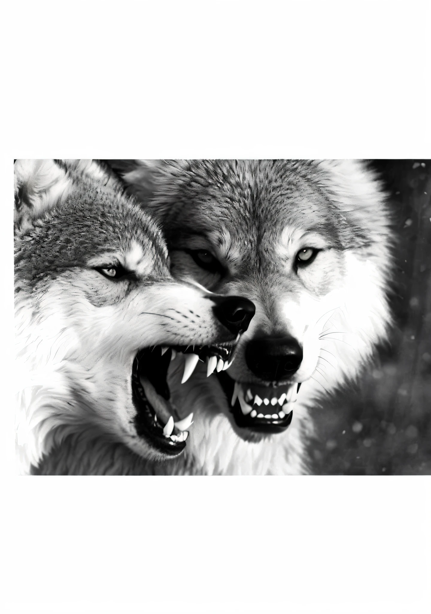 two gray wolfs are snarling at each other in a black and white photo, wolves, wolf skulls, snarling dog teeth, they are fighting very angry, growling, two fangs, snarling, sharp fox - teeth, wolp, sharp fangs and tusks, by Anato Finnstark, photo of wolf, werewolf”, sharp fangs