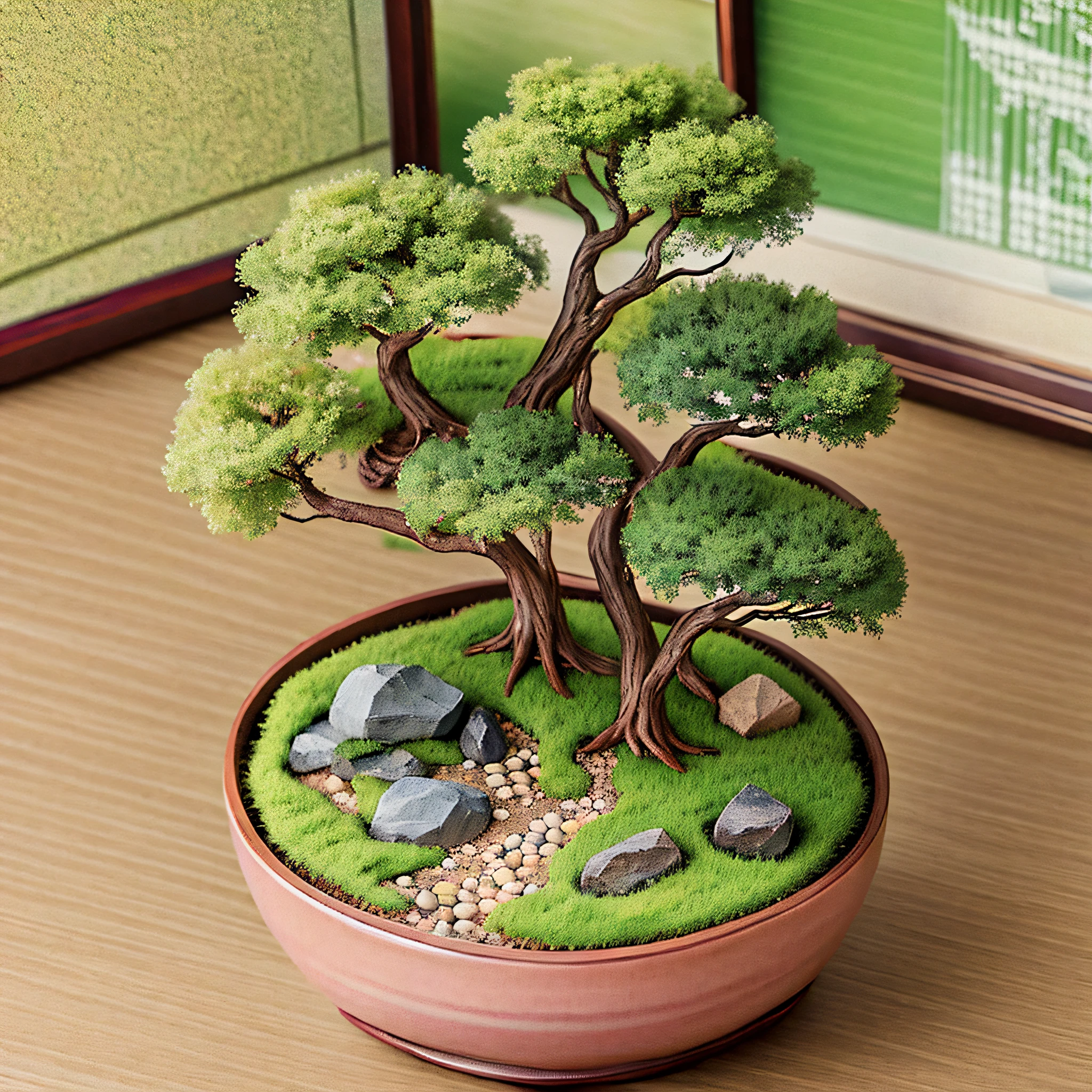 Miniature bonsai landscape with dolls above --auto --s2