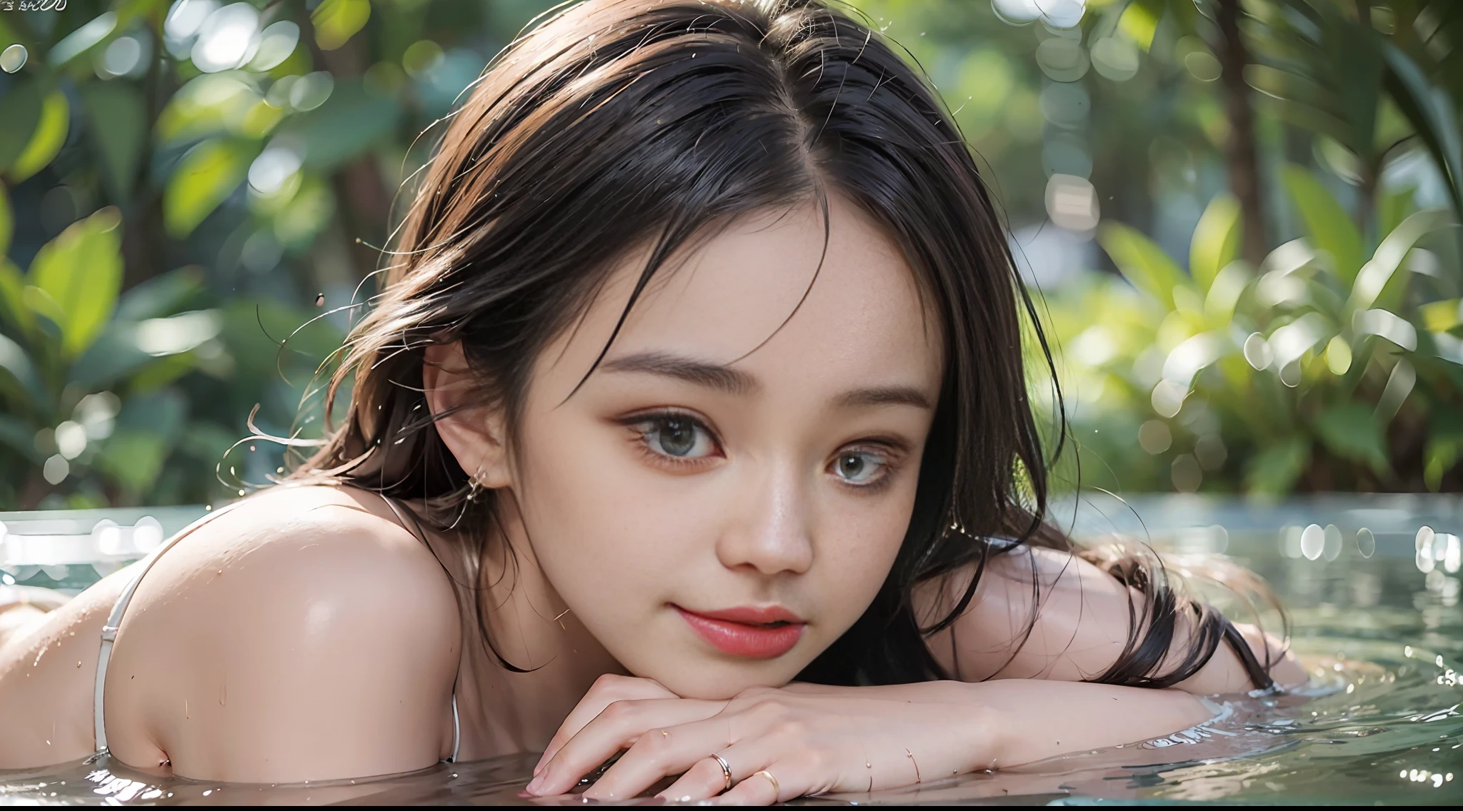 ((Top Quality, 8k, Masterpiece: 1.3)), Beautiful Girl, 1 Woman, Colossal: 1.3, Slender Figure: 1.1, Small Micro Bikini, Areola, Pubic Shape Visible, Long Pubic Hair Visible, Happy Smile, Dark Brown Hair, (Pool, Wet Body, Wearing Erotic: 1.1), Ultra Detailed Face, Detailed Lips, Detailed Eyes, Double Eyelids (8k, RAW Photos, Best Quality, Masterpiece: 1.2), (Real, Photorealistic: 1.37), single girl, Japan person, professional lighting, photon mapping, small hips, gal, so many lashes, pink lip, full length view sleeping