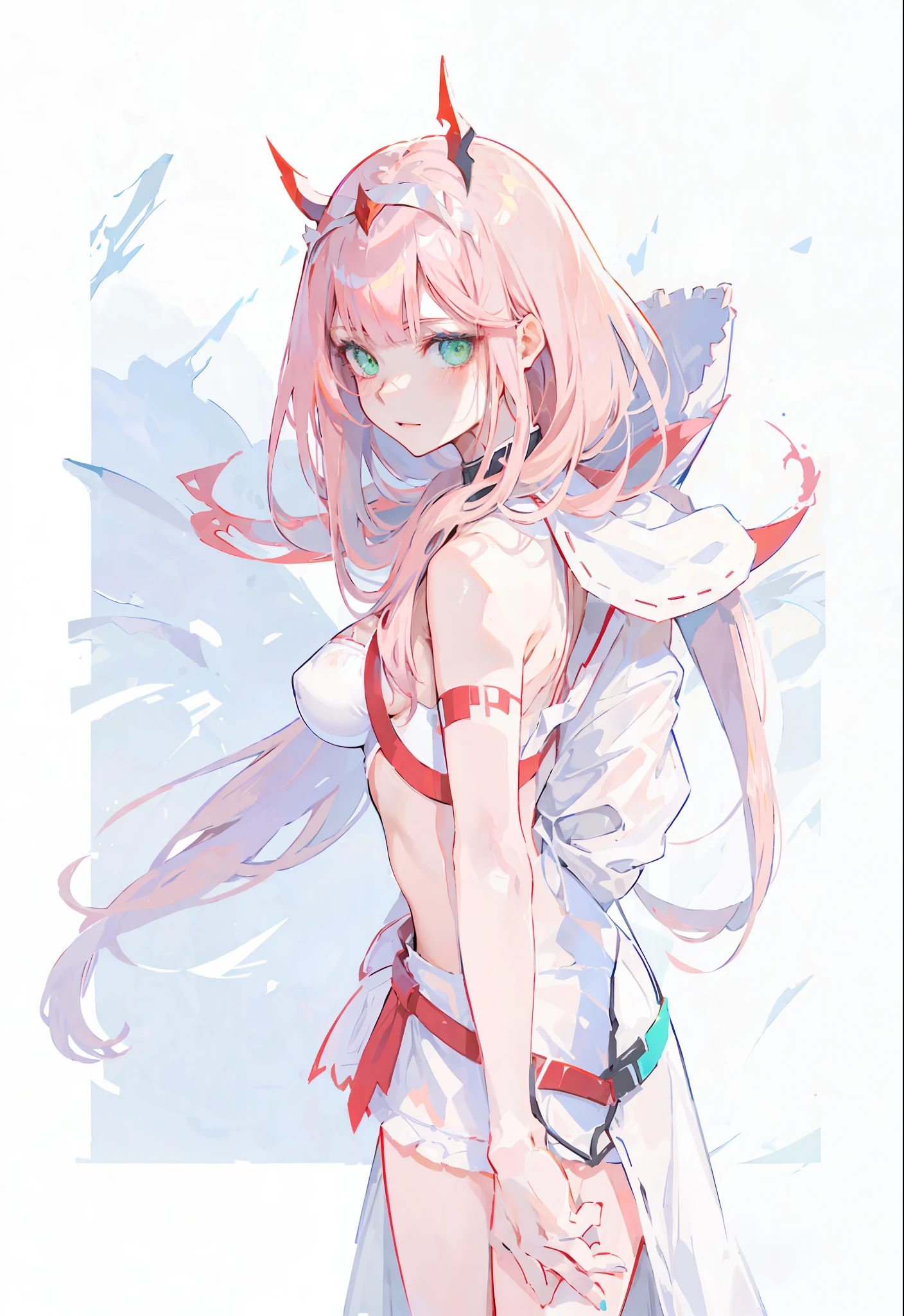zero two \(darling in franxx\), darling in franxx, 1girl, bangs, bite, blush, navel covered, shadow, green eyes, hair behind head, horns, smile, long hair, looking at the viewer, makeup, small breasts, pilot suit, white suit, pink hair, red eyeshadow, science fiction, tight skin, solo