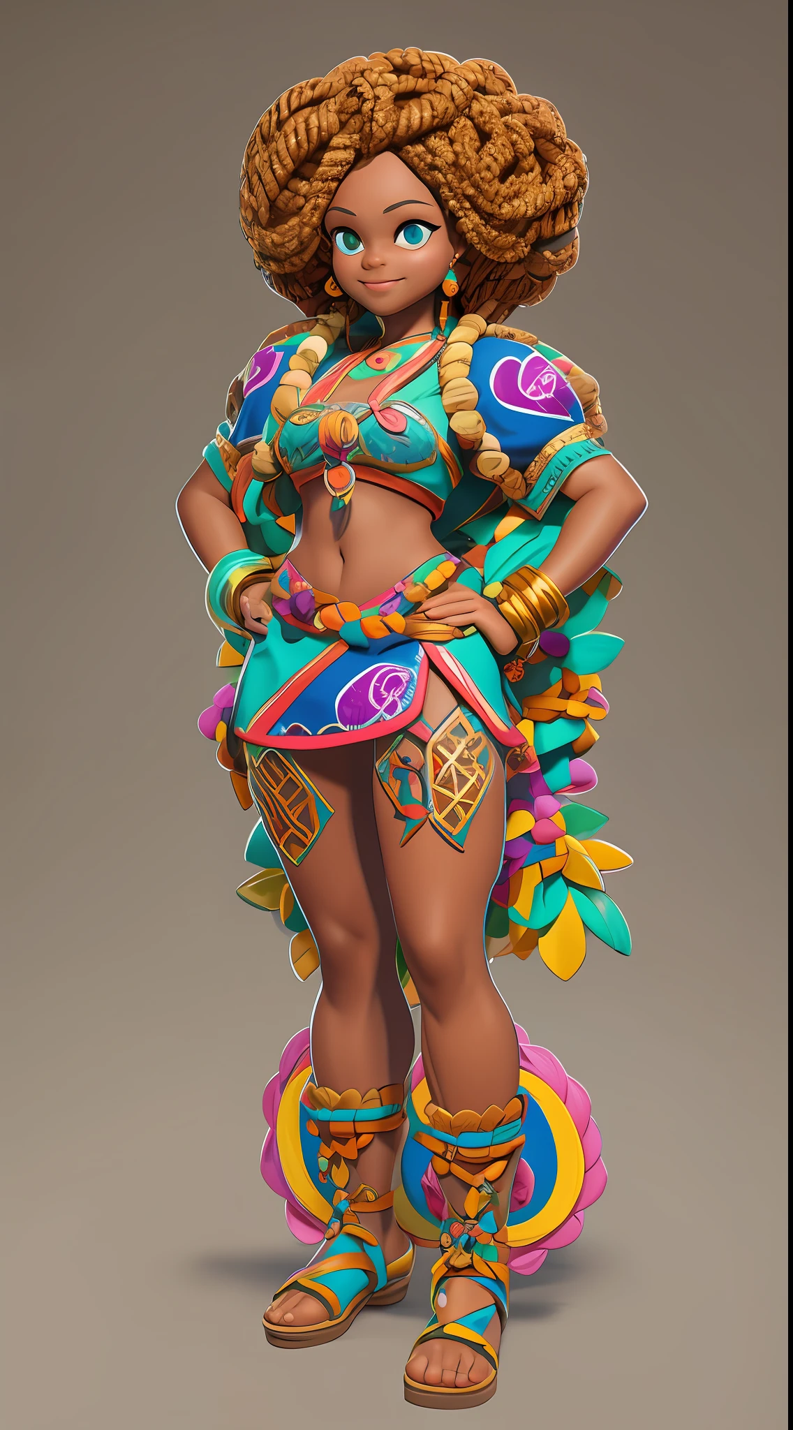 final art of a body head afro brazilian bahian girl,with braids and with hair clothing,arms crossed,smiling looking with brown eyes dished high quality character design, character design art, children's art in 3d rendering, highly detailed character design, cartoon concept art, character design, professional character design, character design concept art, colorful concept art design illustration, character concept art, stylized character design, [ character design