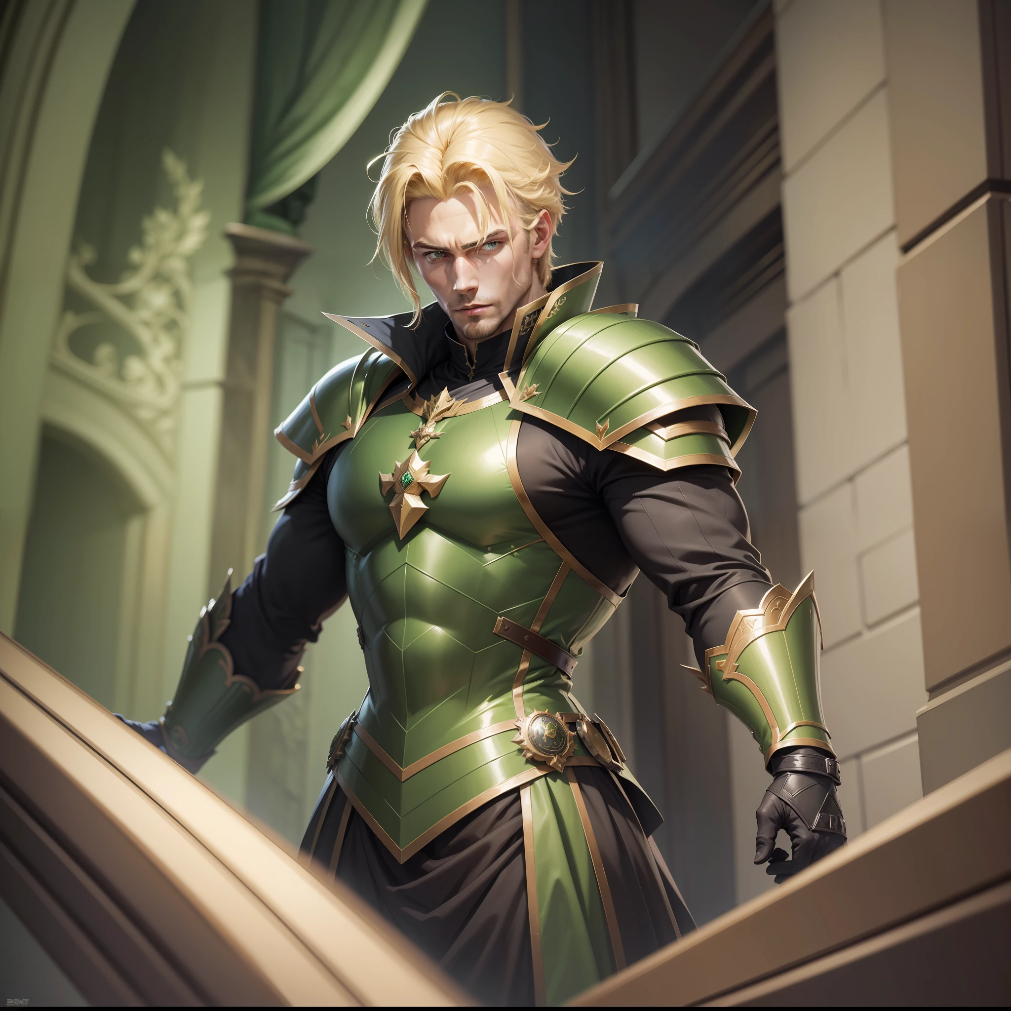 Realistic image of a handsome man in his early 30s, handsome, strong, blond, green-eyed, dressed in black cleric's costumes with shoulder pads with green details, anime-character style art, combat posture in a hallway of a royal palace