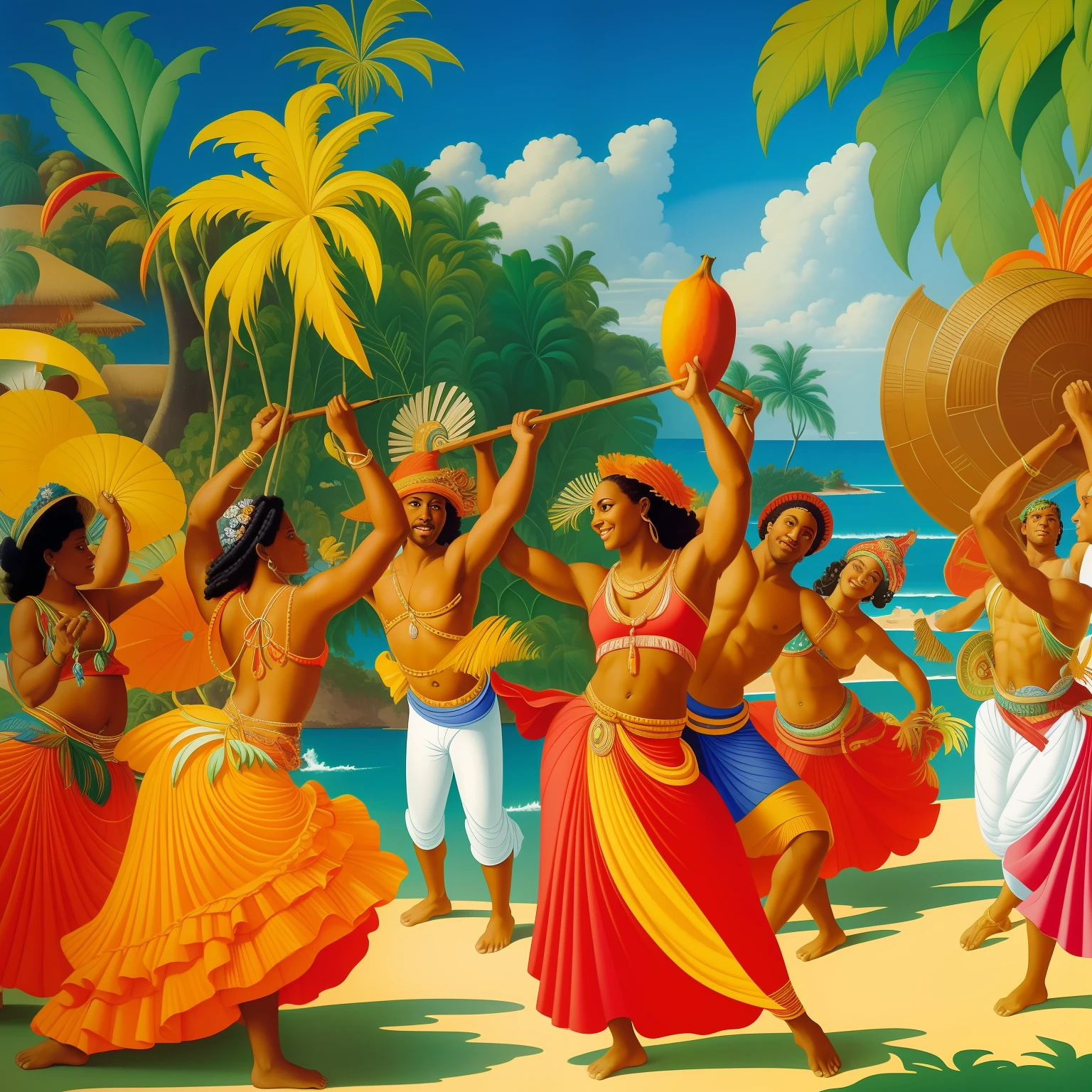 A lively and colorful illustration depicts the culture of Bahia, with a figure dancing samba de roda and a capoeira wheel in the background. Exotic fruits and dishes of Bahian cuisine are represented, while paradisiacal beaches and the historic neighborhood of Pelourinho complete the tropical setting, inspired by Maxfield Parrish