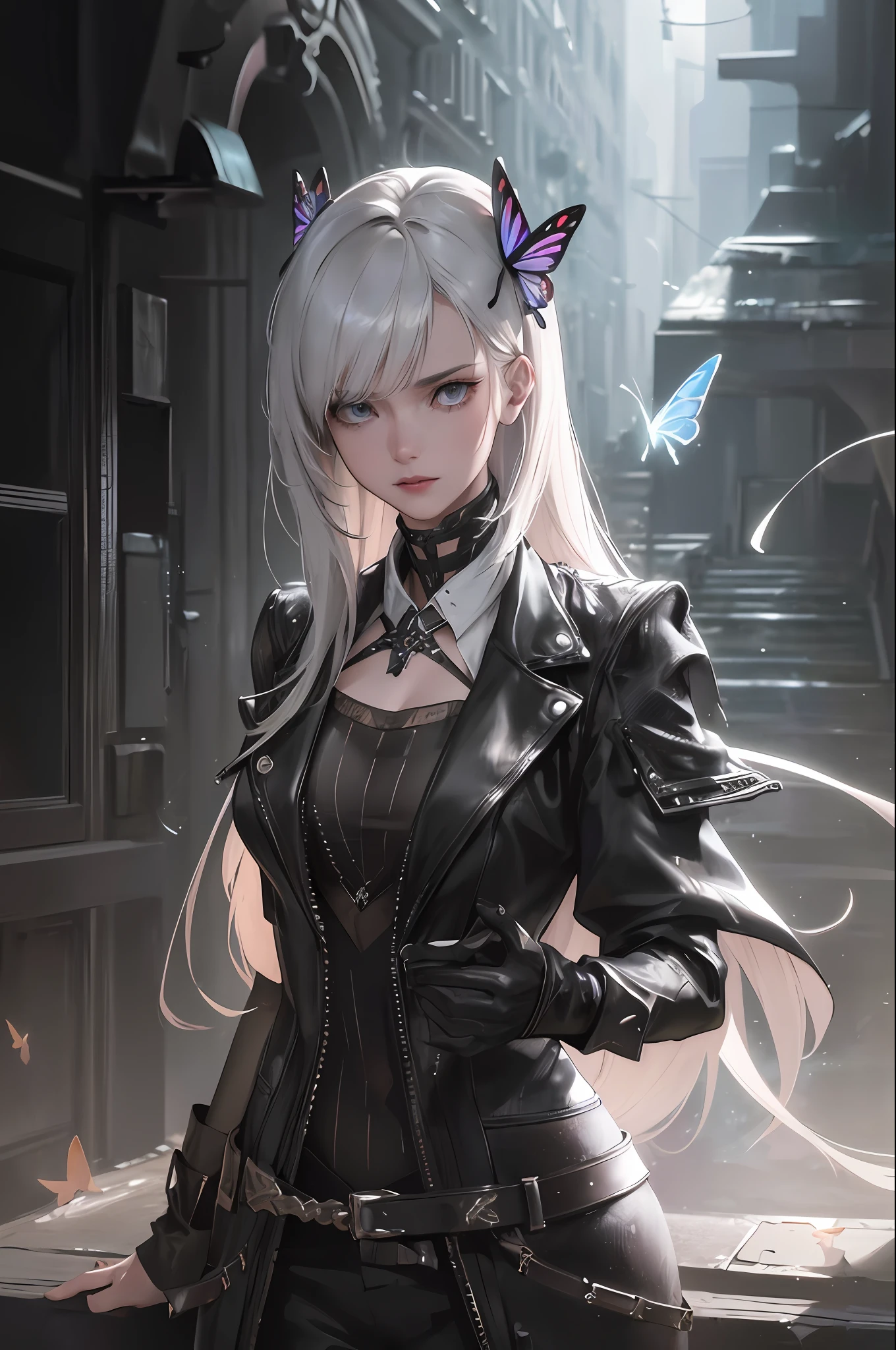 woman in black outfit holding a white cat and a card with butterflies on it and a butterfly on her head, Alice Prine, Tarot card, character portrait, Gothic art, detailed art, cartoon, fantasy, Hyperdetailed, ArtStation, CGsociety, 8K, Surrealist, Zbrush, Unreal Engine 5, Bright Colors, Greg Rutkowski, Darksynth, Weta Digital, Focus, Octane rendering, Super sharp, Cinematic light, High quality, High resolution, Style Smooth Color Manga Hayao, Photorealistic, High Detail, 8K, Trendy Artstation, Octane Rendering, Cinematic Lighting, 3D Rendering, Vray Caustics, Volumetric Lighting, Dark Atmosphere, Moody Colors, Awe, Concept Art, Unreal Engine 5 Rendering, Cinematic Center Shot, Hyperrealistic, Ultra Detailed;, Hyperdetailed, ArtStation, CGsociety, 8K, Surrealist, Zbrush, Unreal Engine 5, Bright Colors, Greg Rutkowski, Darksynth, Weta Digital, Focus, Octane Rendering, Super Sharp, Cinematic Light, High Quality, High Resolution, Style Smooth Color Manga Hayao, Photorealistic, High Detail, 8K, Trending Artstation, Octane Rendering, Cinematic Lighting, 3D Rendering, Vray Caustics, Volumetric Lighting, Dark Atmosphere, Moody Colors, Awe, Concept Art, Unreal Engine 5 Rendering, Cinematic Center Shot, Hyper Realistic, ultra-detailed;