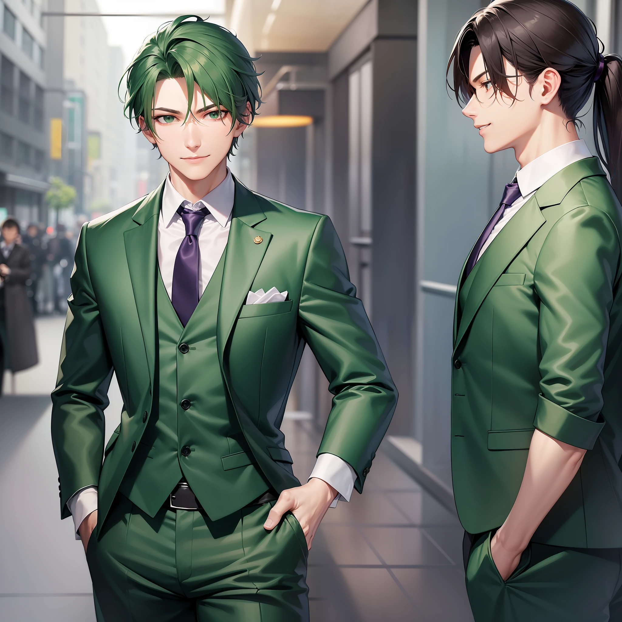 1man,skinny,muscular,dark green suit with dark violet tie,dark green jeans with black shoes,friendly smile and sharp eyes,somewhat disheveled green hair and tied in a short ponytail