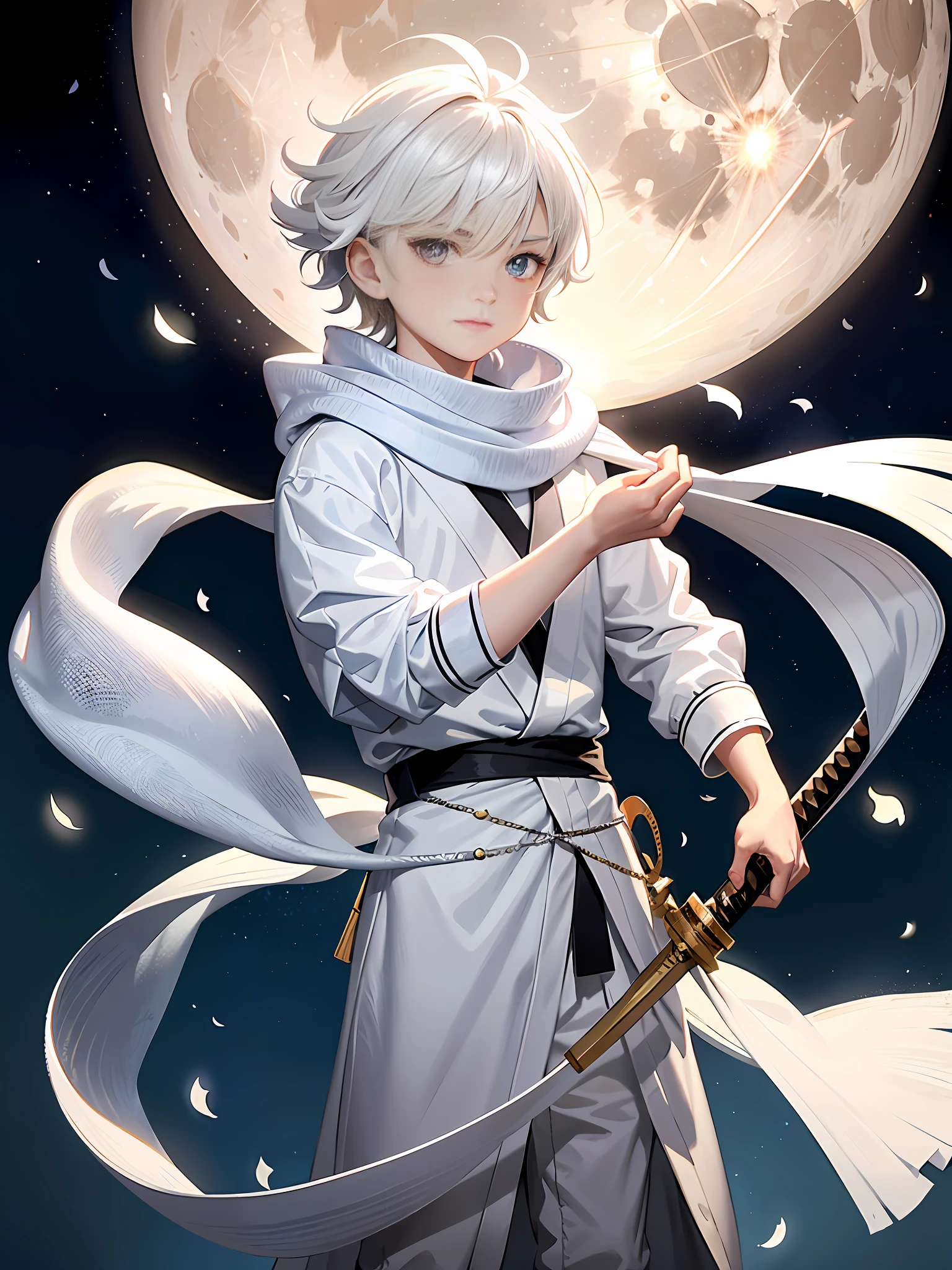 An 8-year-old boy with white hair and silver eyes, known for having great combat skills with ice magic. He wears white clothes like the light of the full moon with a long scarf around his neck, in addition he also carries a katana with the blessing of the moon goddess that he carries on the right side of his waist