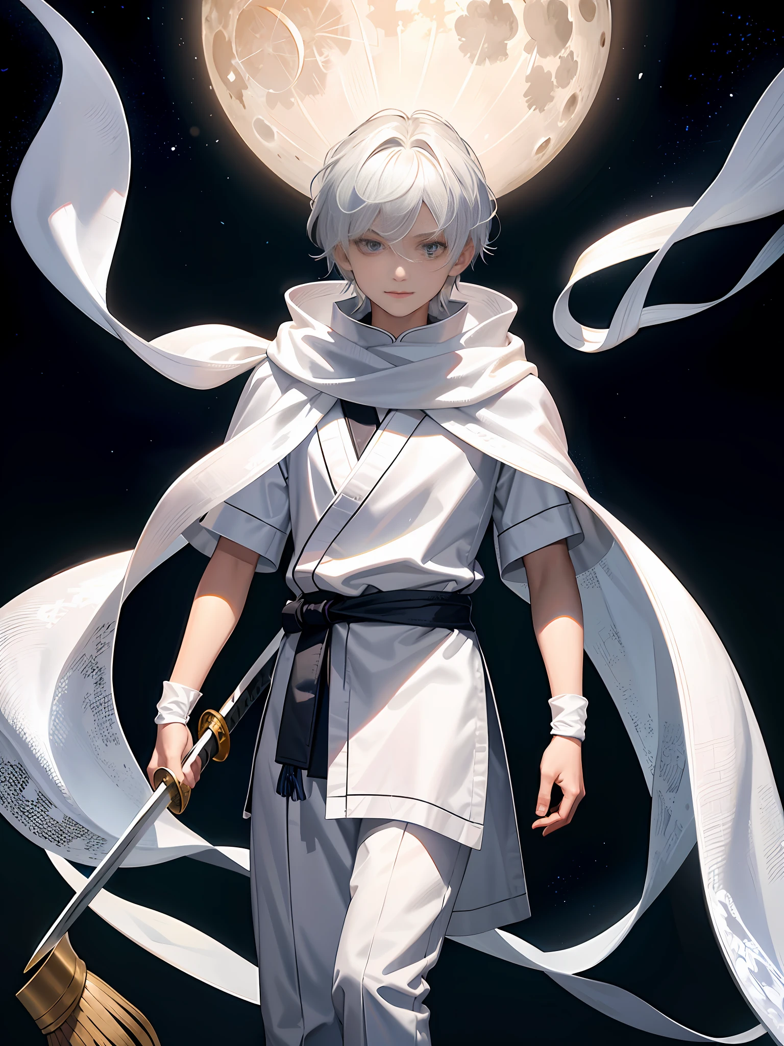 An 8--old  with white hair and silver eyes, known for having great combat skills with ice magic. He wears white clothes like the light of the full moon with a long scarf around his neck, in addition he also carries a katana with the blessing of the moon goddess that he carries on the right side of his waist