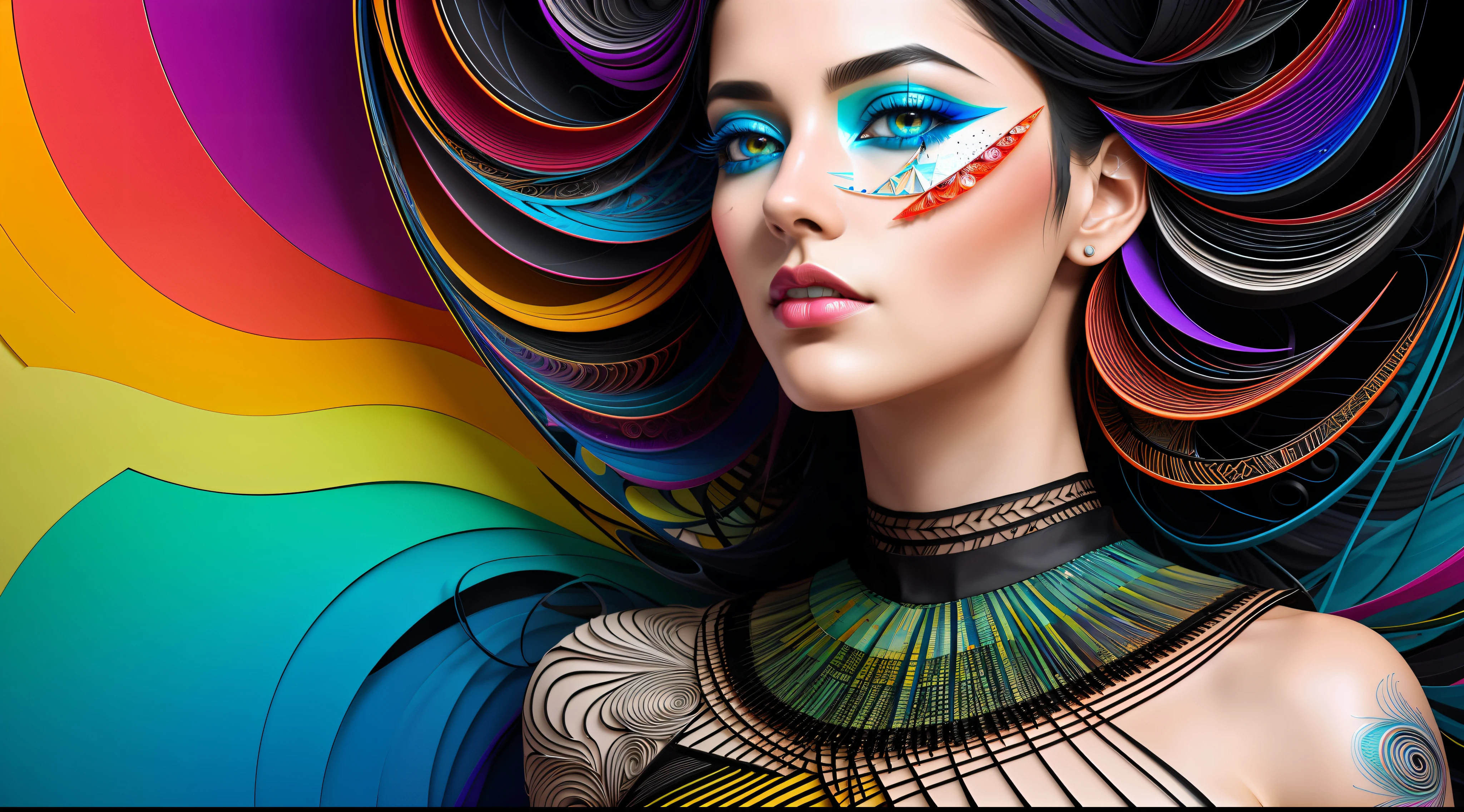 ultra detailed artistic abstract photography of Geometrical Woman, 32k trendy abstract poster of a beautiful woman, hair made of 3D paper quilling design, abstract paper quilling, detailed symmetric hazel eyes with circular iris, shattered paper fragments, natural body posture, by artist russ mills, art by alberto seveso, by Carne Griffiths, by Wadim Kashin, symmetrical, abstract artstyle, intricate complex watercolor painting, sharp eyes, digital painting, color explosion, concept art, voluminetric lighting, TanvirTamim, 3D octane render, 8k. by artgerm, trending on artstation, cinematic 4d, Epic cinematic brilliant stunning intricate meticulously detailed dramatic atmospheric maximalist digital matte painting, realistic, complementary colors