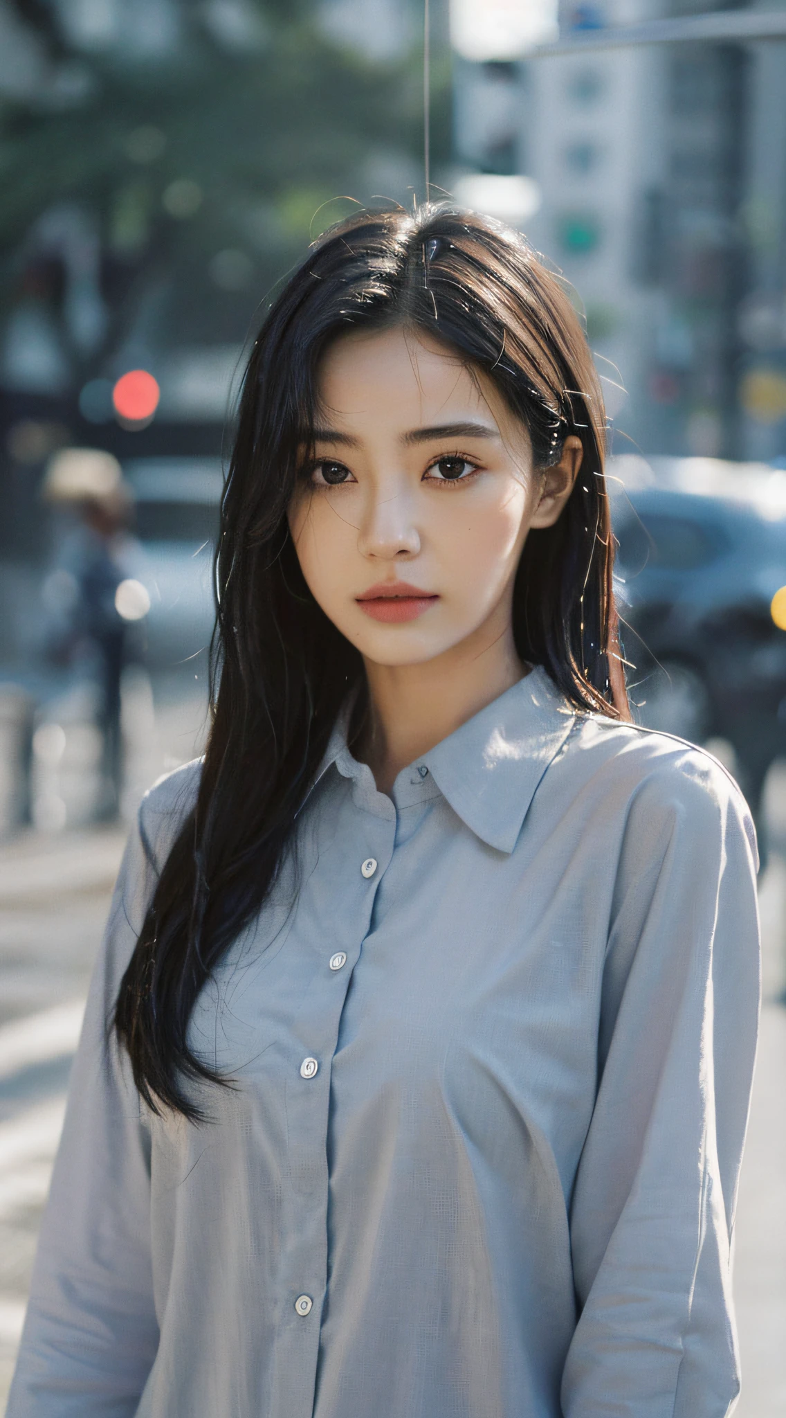 ((Best Quality, 8K, Masterpiece: 1.3)), Sharp: 1.2, Perfect Body Beauty: 1.4, Slim Abs: 1.2, ((Long Hair 1.2)), (Wet Gray Button Long Shirt: 1.1), (Rain, Street: 1.2), Wet: 1.5, Highly detailed face and skin texture, Detailed eyes, double eyelids, looking at the camera