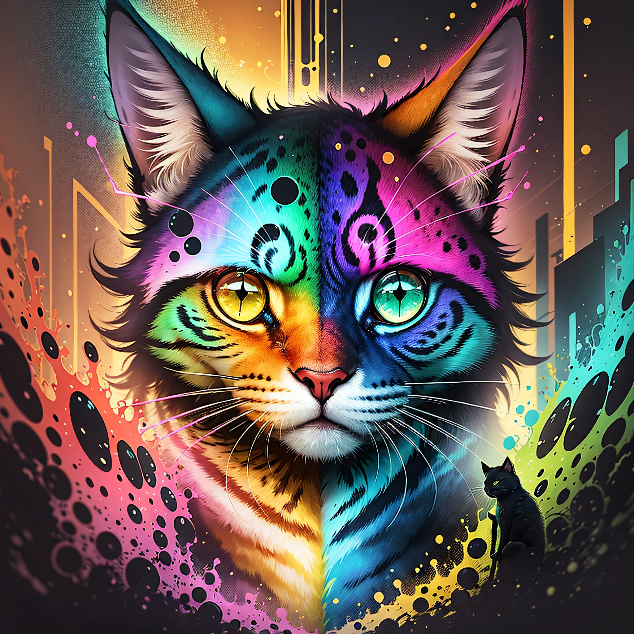technicolor, vibrant, Tech Cat, radioactive glow, Biohazard, abstract art by Petros Afshar, supersaturated