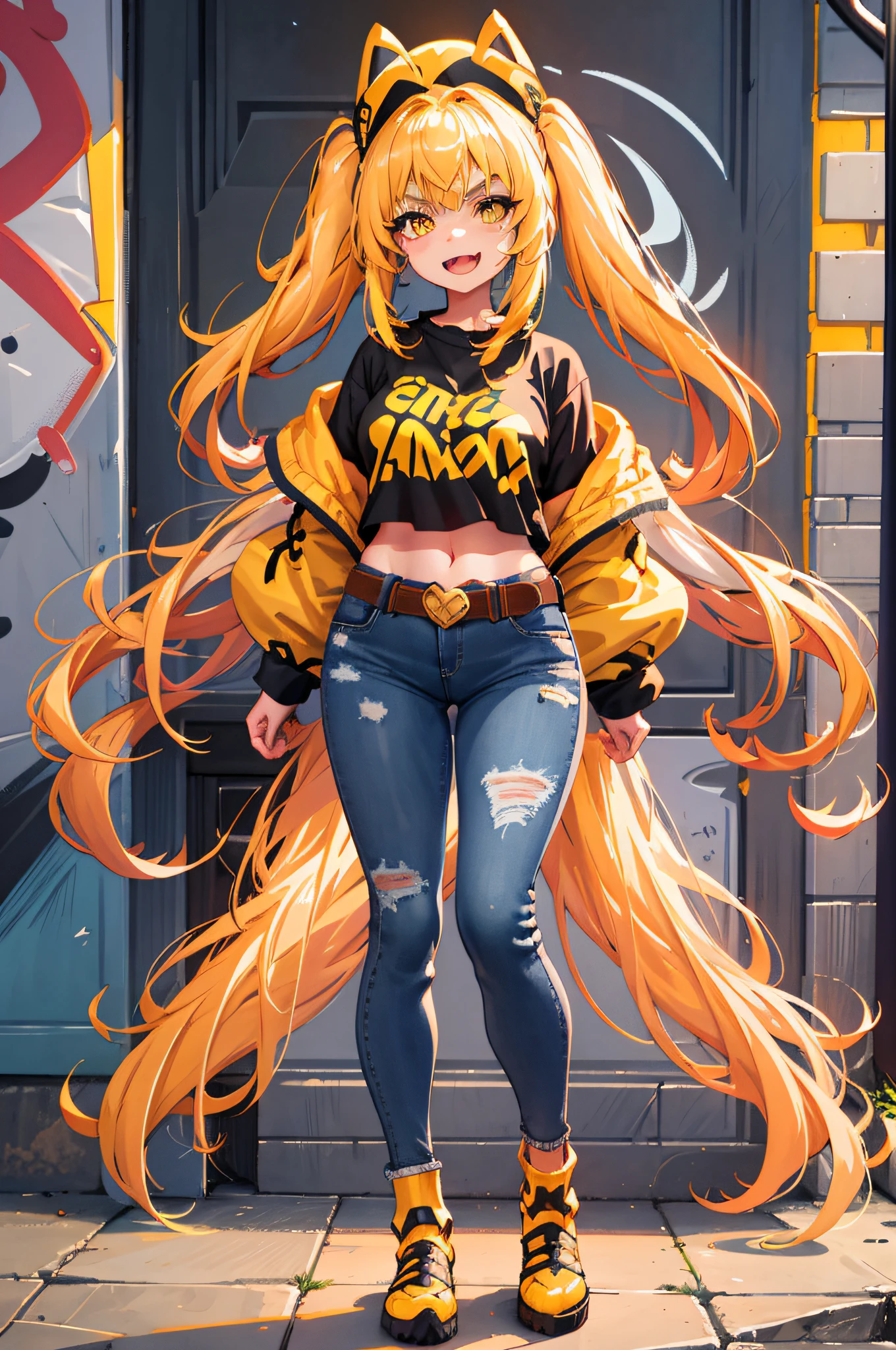 Original Character, Volumetric Lighting, Best Shadows, Shallow Depth of Field, Portrait Of Stunningly Beautiful Girl, Petite, Delicate Beautiful Attractive Face With Alluring Yellow Eyes, Messy Painted Face, Sharp Eyebrows, Broadly Smiling, Open Mouth, Fangs Out, Lovely Medium Breasts, Layered Long Twintail Blond Hair, Blush Eyeshadow, Thick Eyelashes, Applejack Hat, Oversized Pop Jacket, Mini Underboob Tee, Open Navel, Slim Waist, Denim Jeans Pants, With Buckle Belt, In The Graffiti Alley, Waste Container, Outside Stairs, Outdoor Unit, Holding Spray Paint Can, Standing, (Highest Quality, Amazing Details:1.25), (Solo:1.3), Brilliant Colorful Paintings