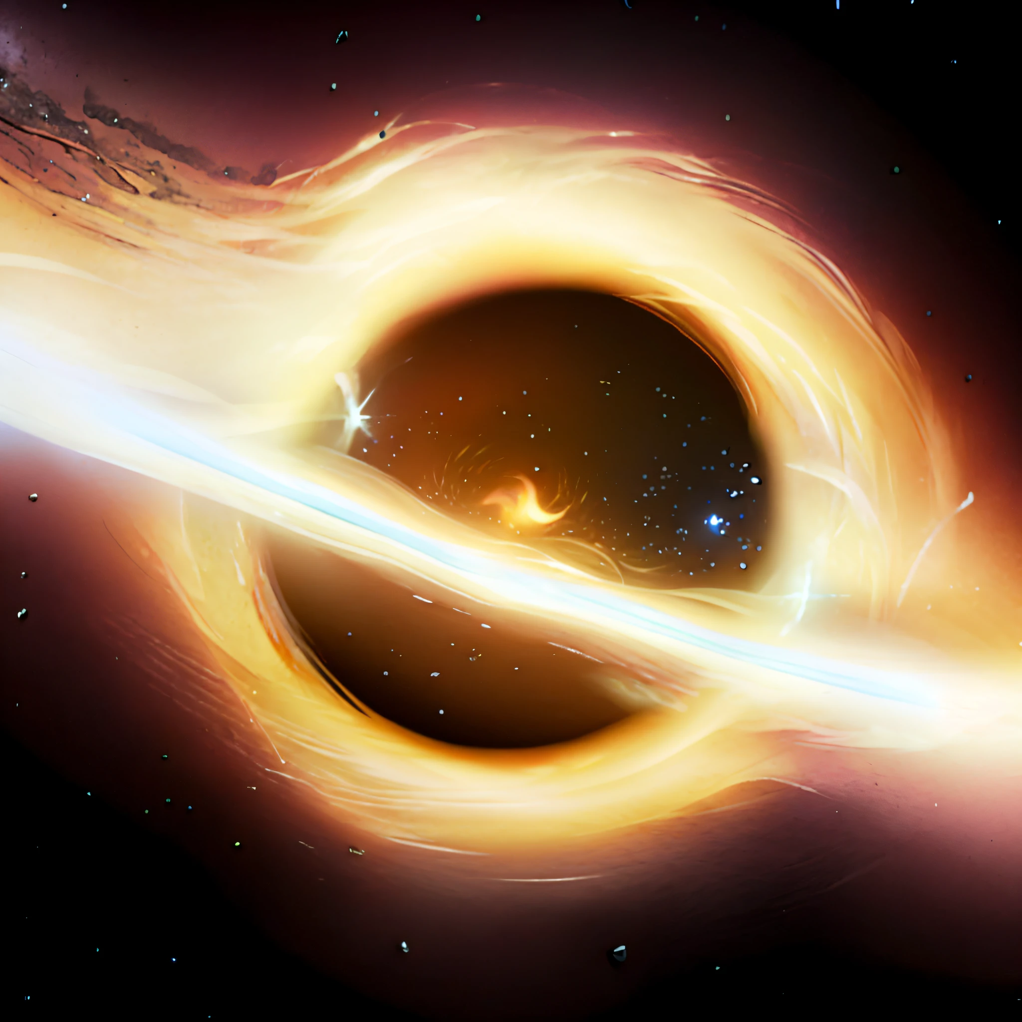 arrapped image of a black hole with a star in the background, black hole with disс accretion, black hole in space, abstract black hole in space, coming out of a black hole, interstellar black hole, is being attracted to a black hole, black hole event horizon, inside a black hole, time portal of the black hole,  wormhole, black hole swallowing matter, black hole swallowing star