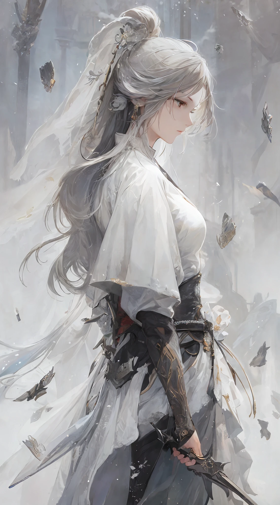 a close up of a woman with a sword in a white dress, a character portrait by Yang J, trending on cgsociety, fantasy art, beautiful character painting, artwork in the style of guweiz, guweiz, white hanfu, flowing white robes, full body wuxia, epic exquisite character art, stunning character art, beautiful female assassin